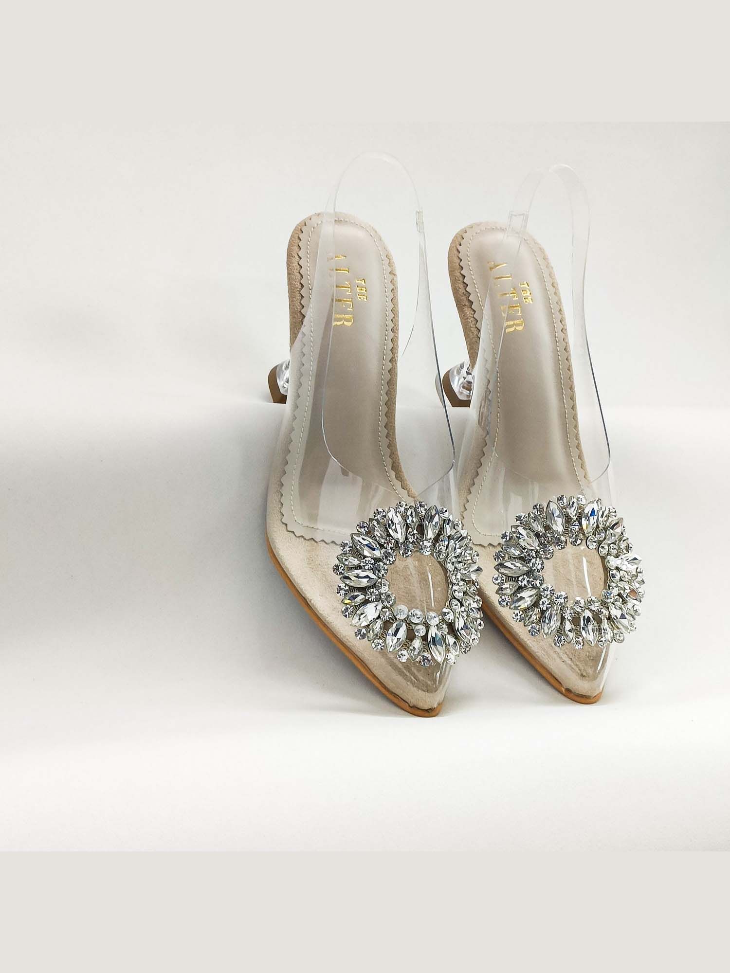 Layla Beige Embellished Pyramid Heels