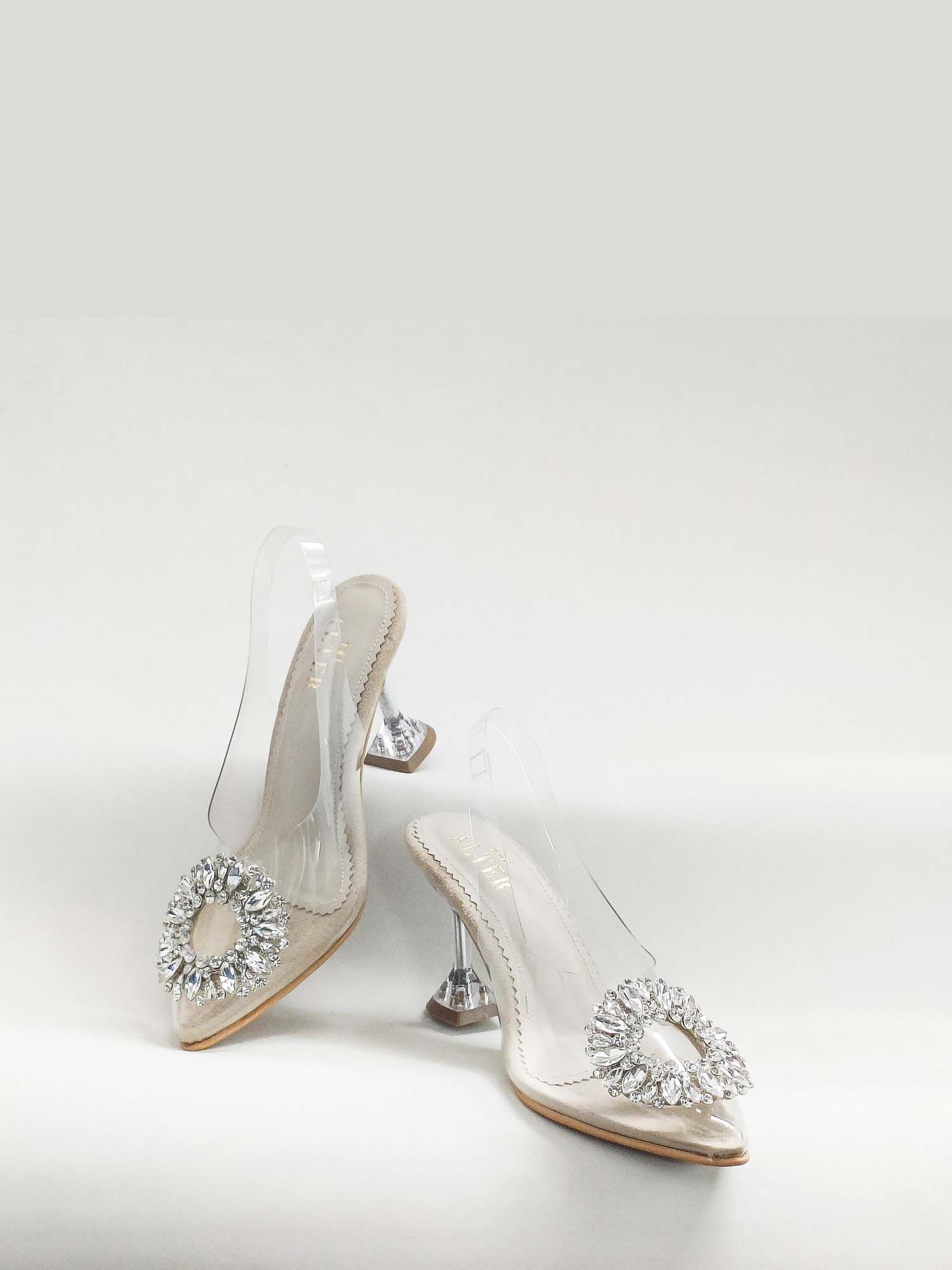 Layla Beige Embellished Pyramid Heels