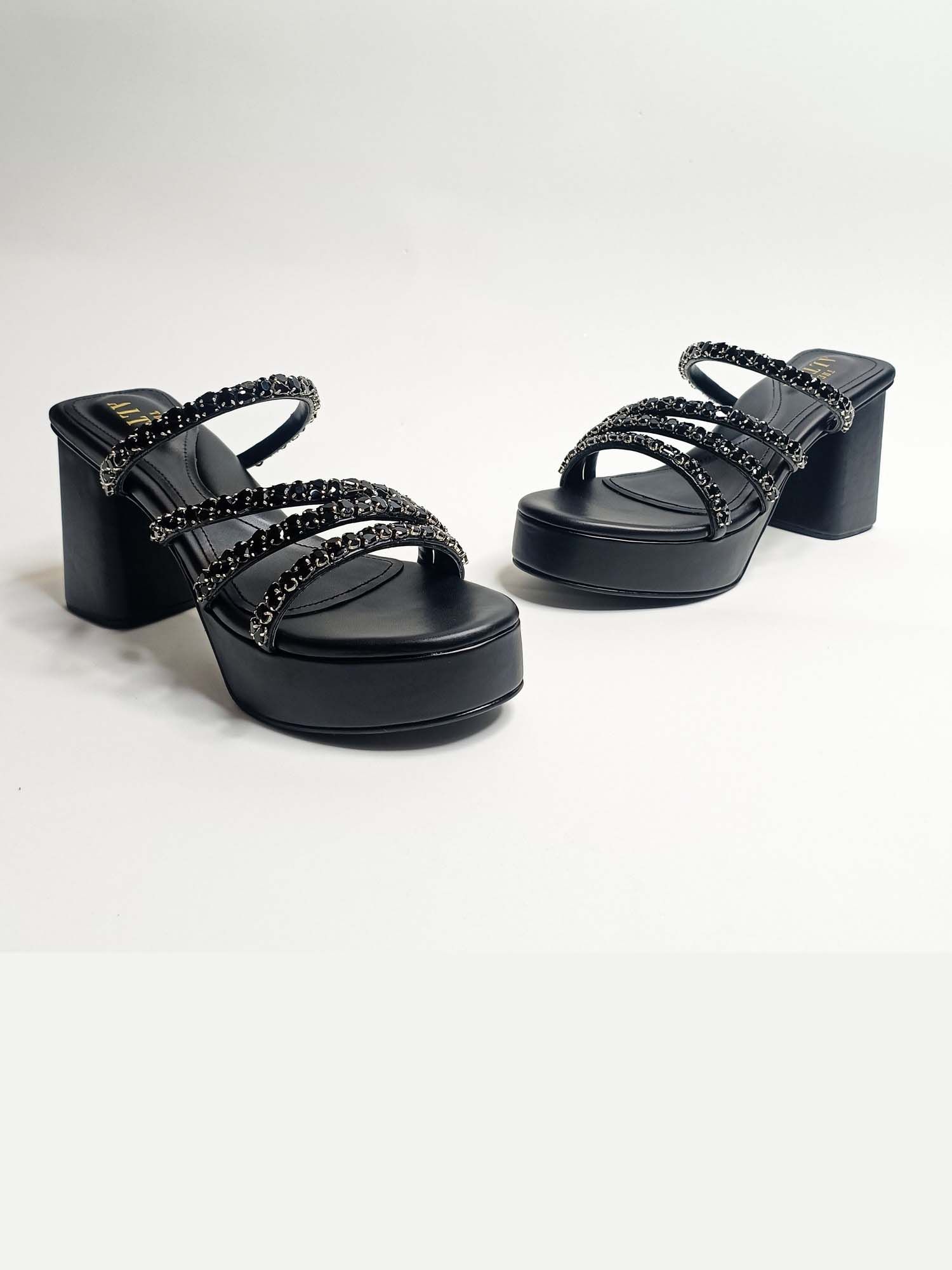 Norah Black Embellished Platform Block Heels