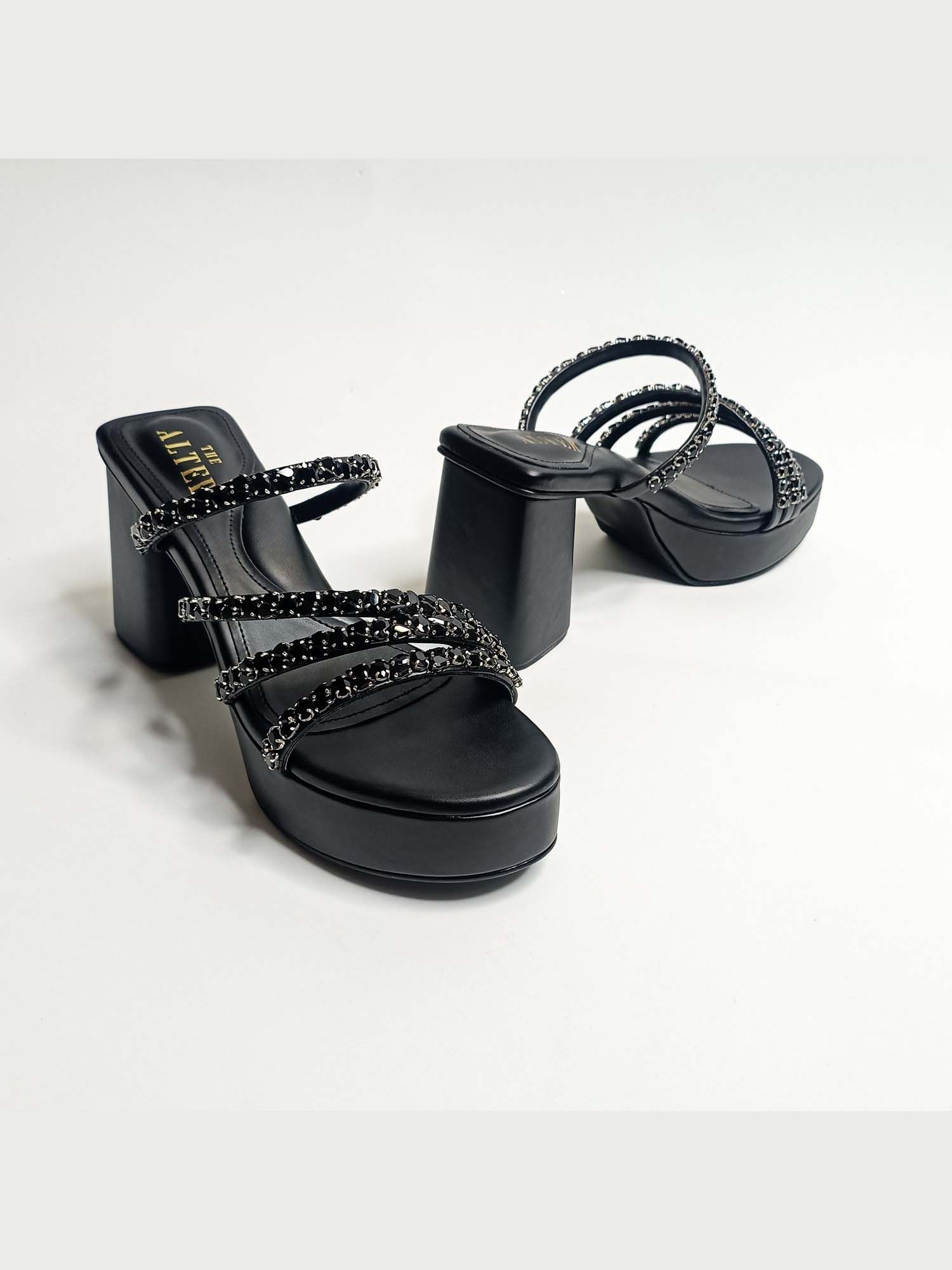 Norah Black Embellished Platform Block Heels