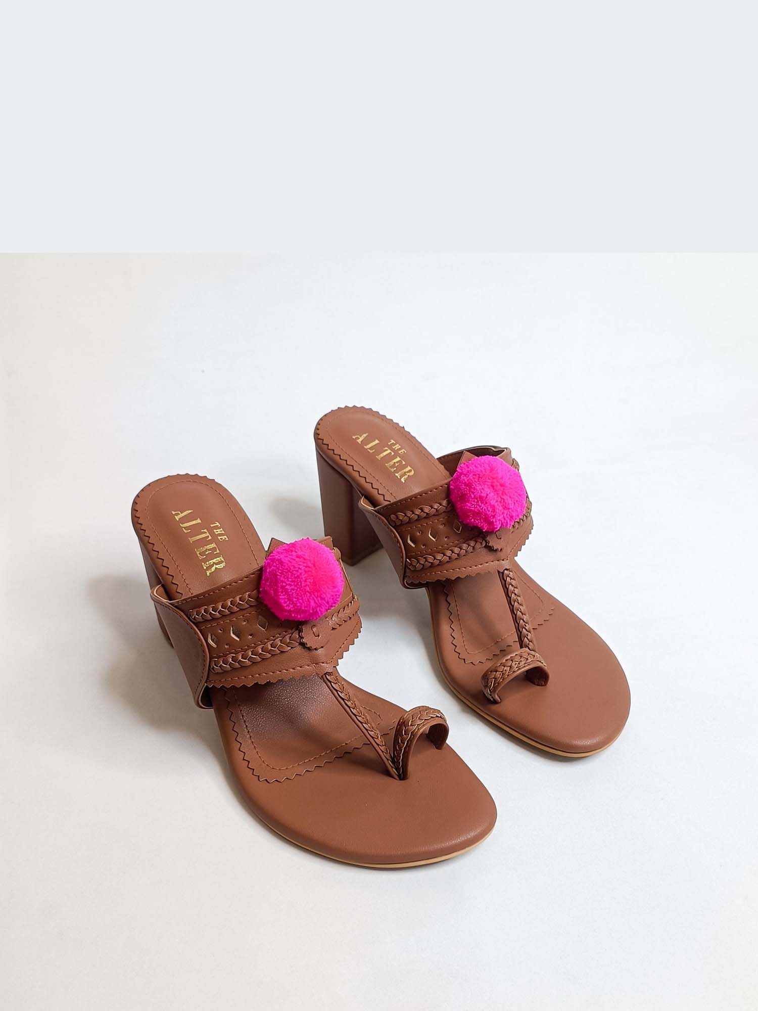 Pom Pom Tan Kohla Block Heels
