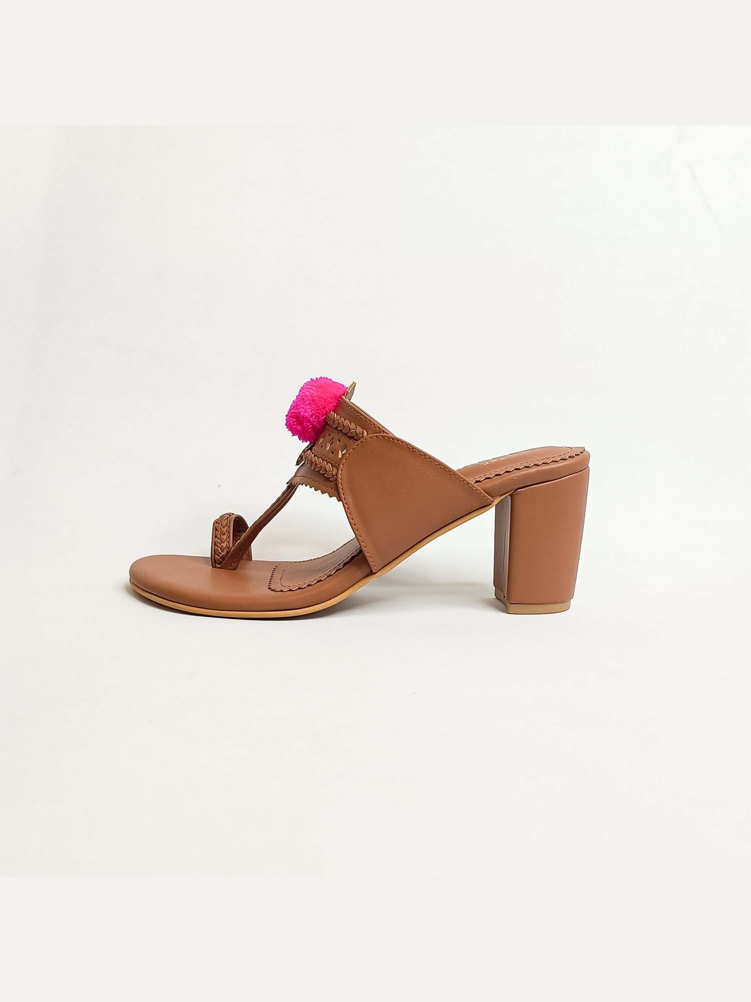 Pom Pom Tan Kohla Block Heels