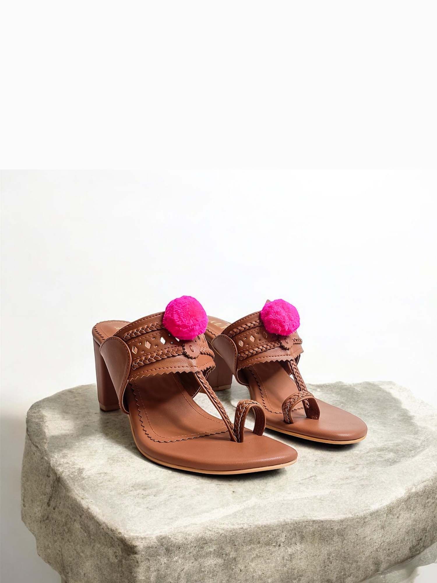 Pom Pom Tan Kohla Block Heels