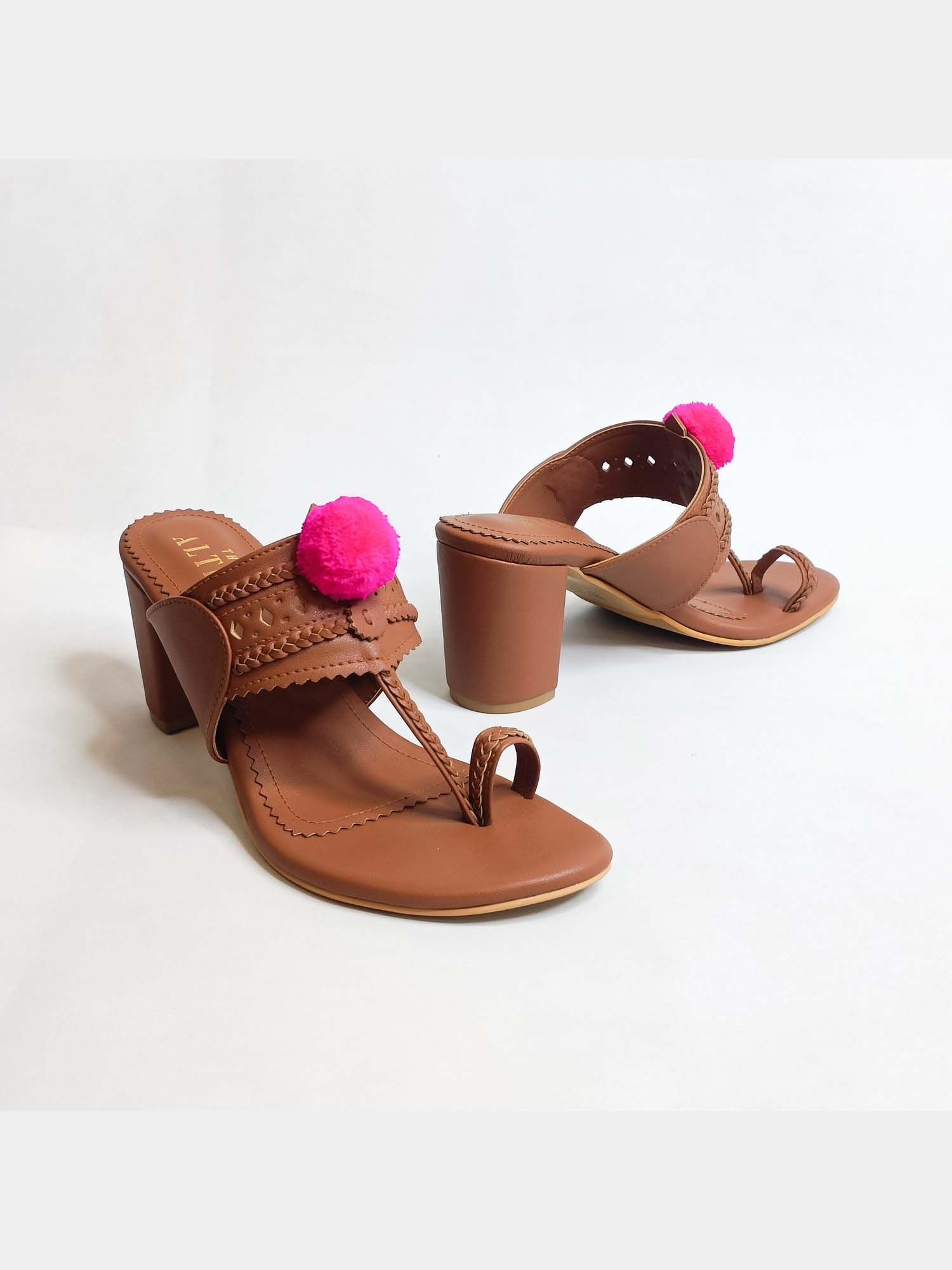 Pom Pom Tan Kohla Block Heels