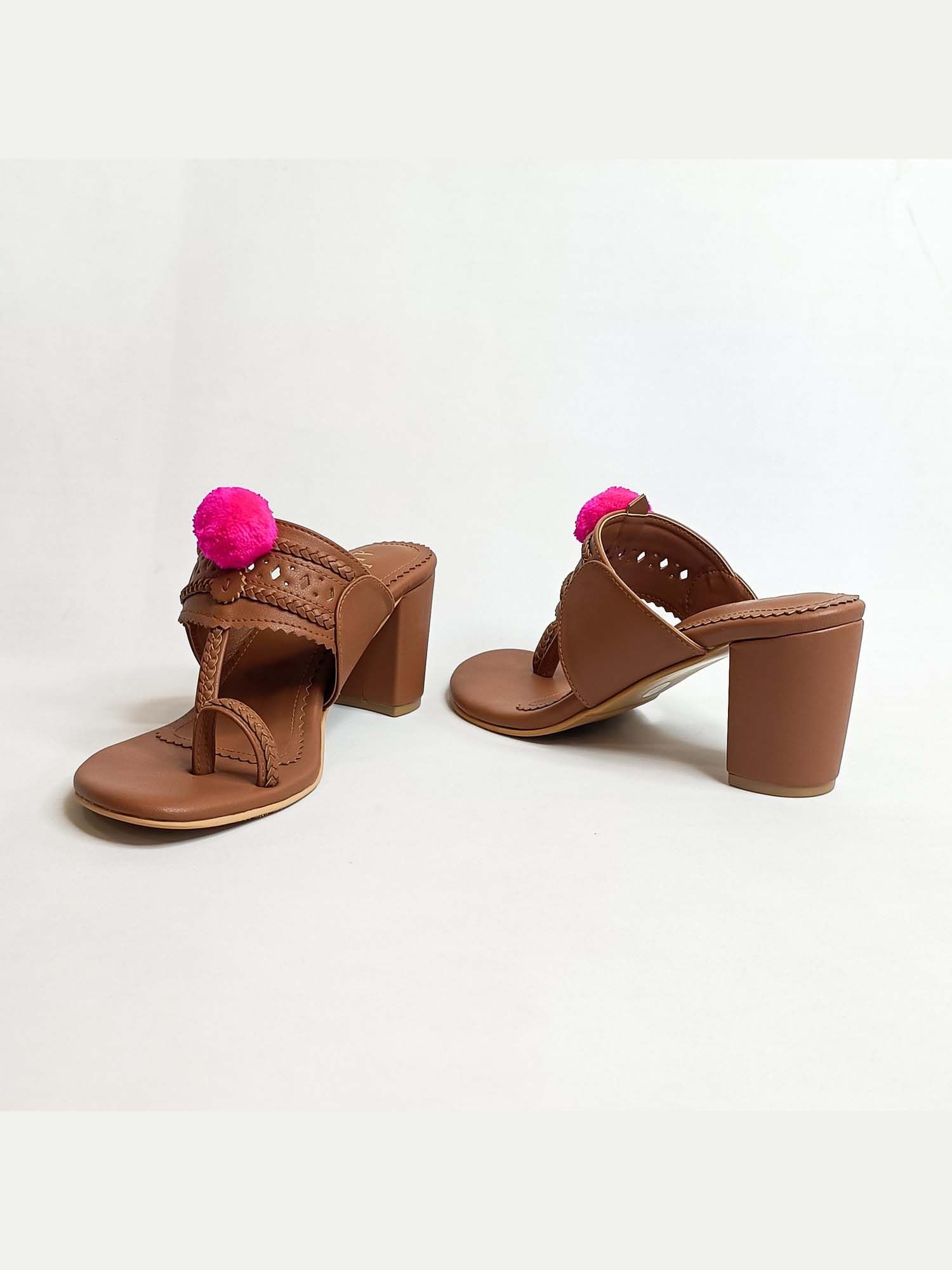 Pom Pom Tan Kohla Block Heels
