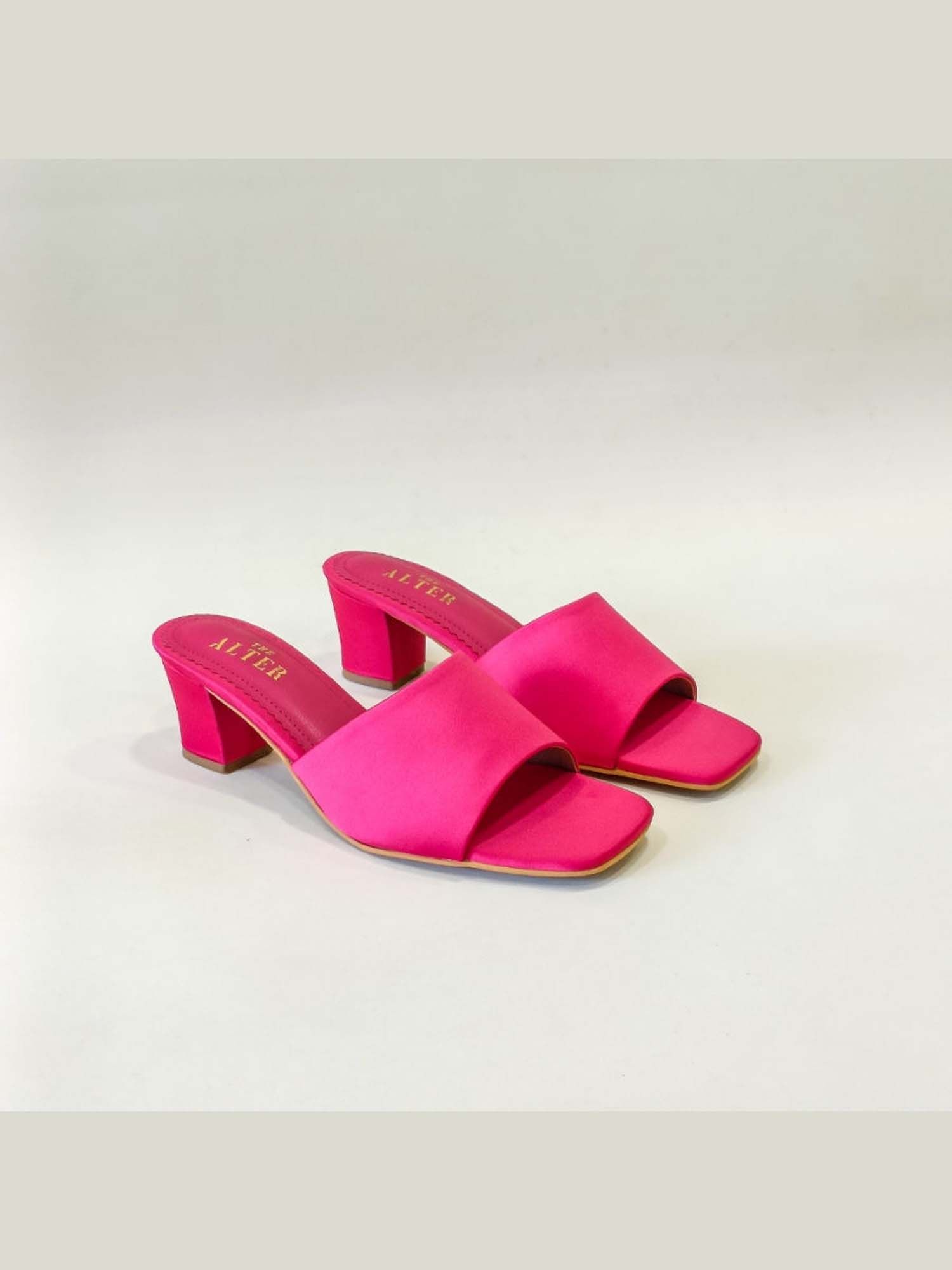 T Shaped Pink Satin Block Heels