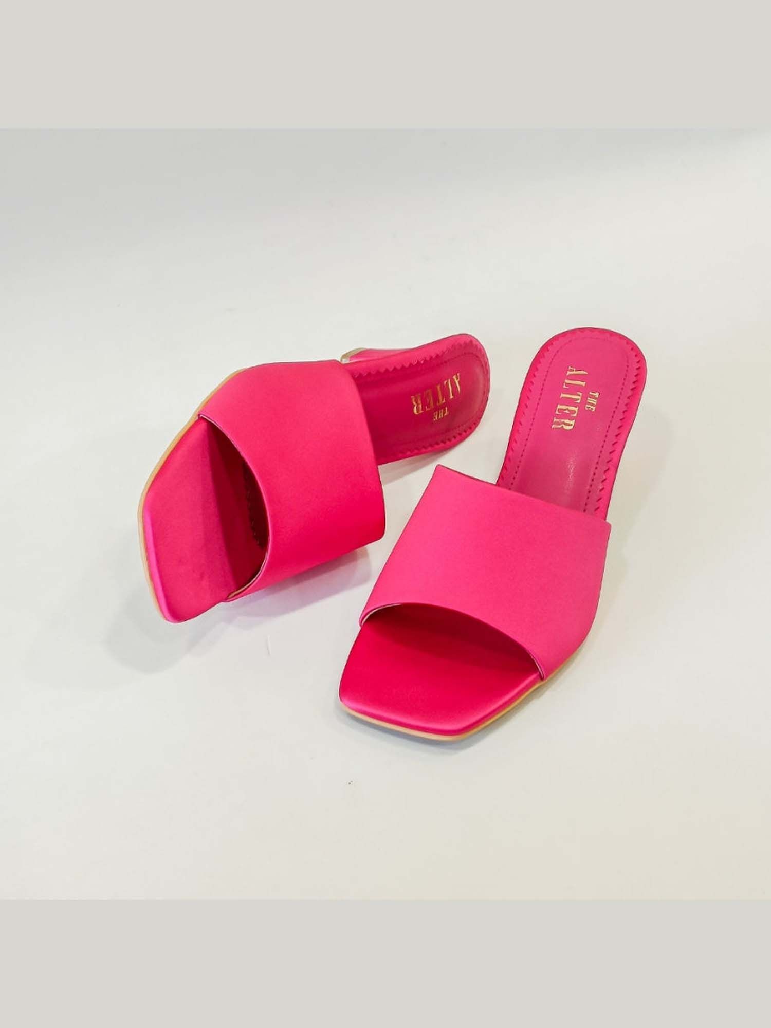 T Shaped Pink Satin Block Heels