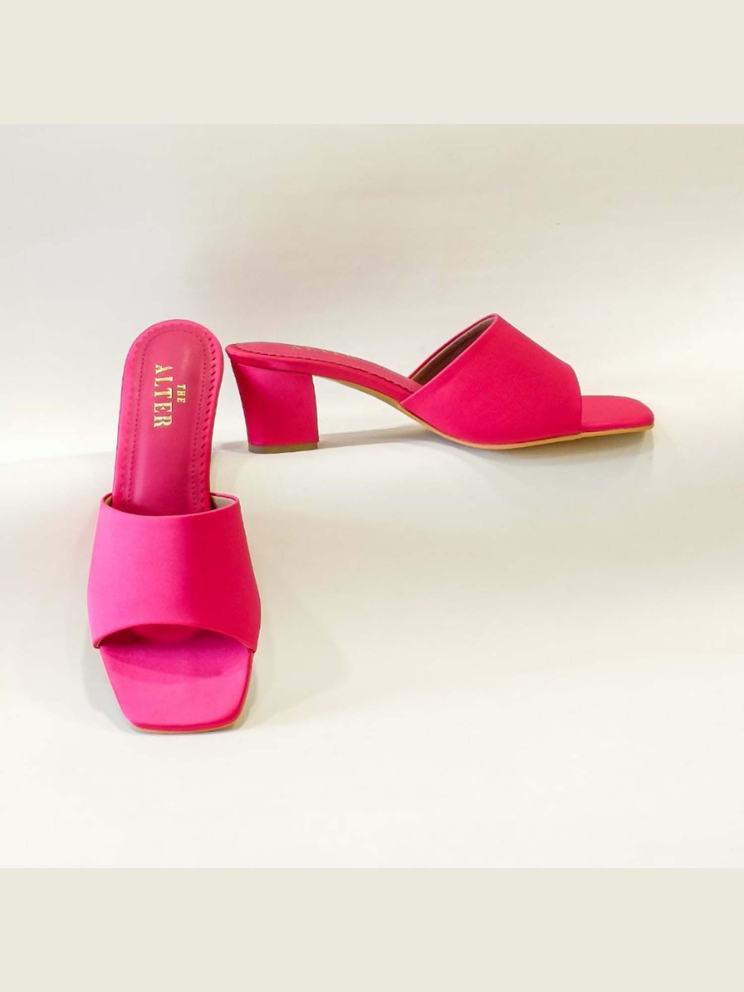 T Shaped Pink Satin Block Heels