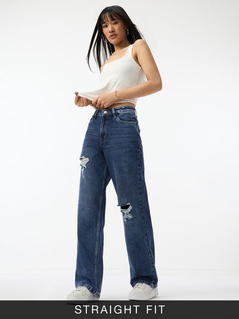 Distressed Denim Mid Blue Wash Women Jeans