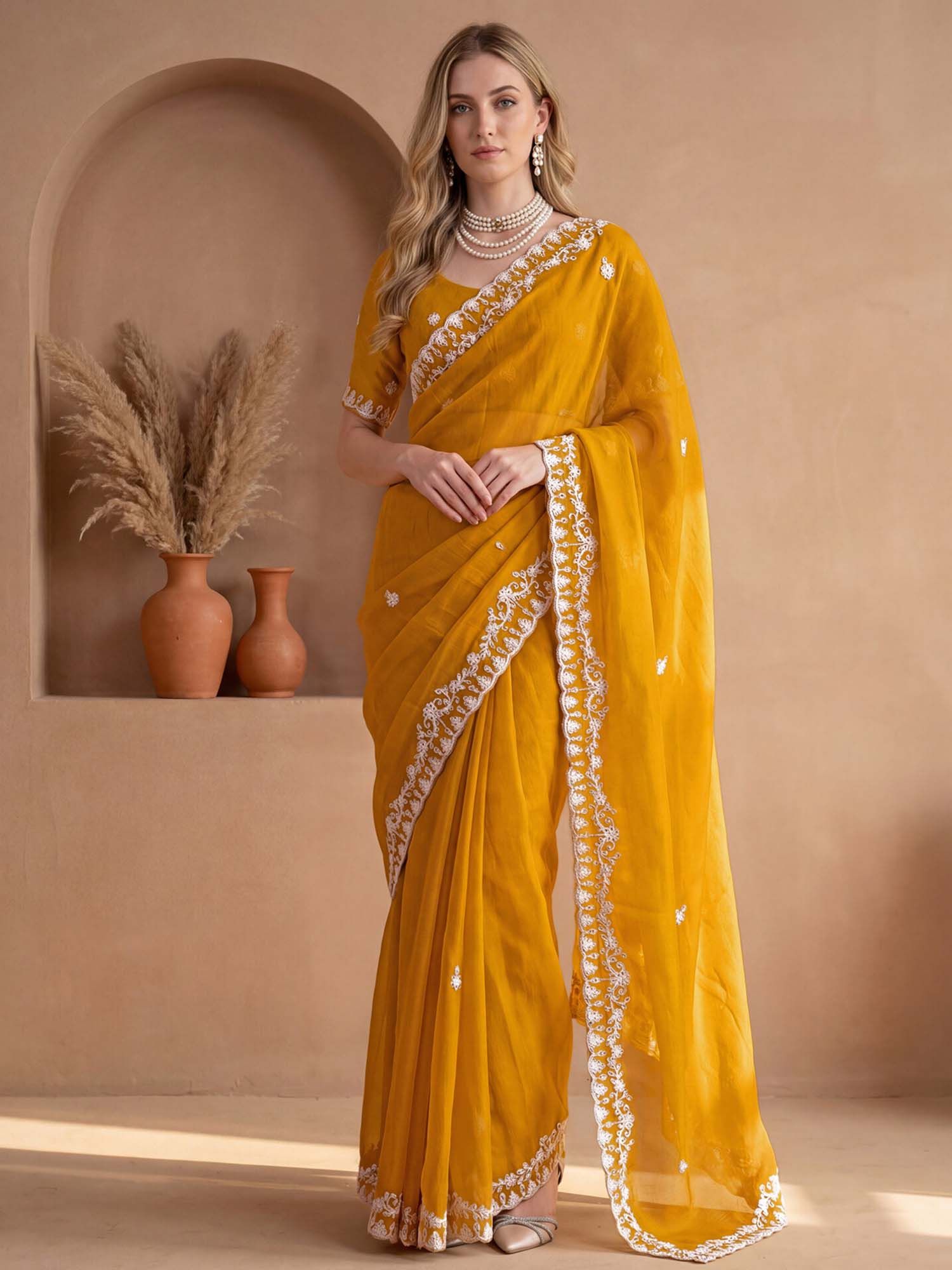 Yellow Sequined Embroidered Georgette Saree with Unstitched Blouse