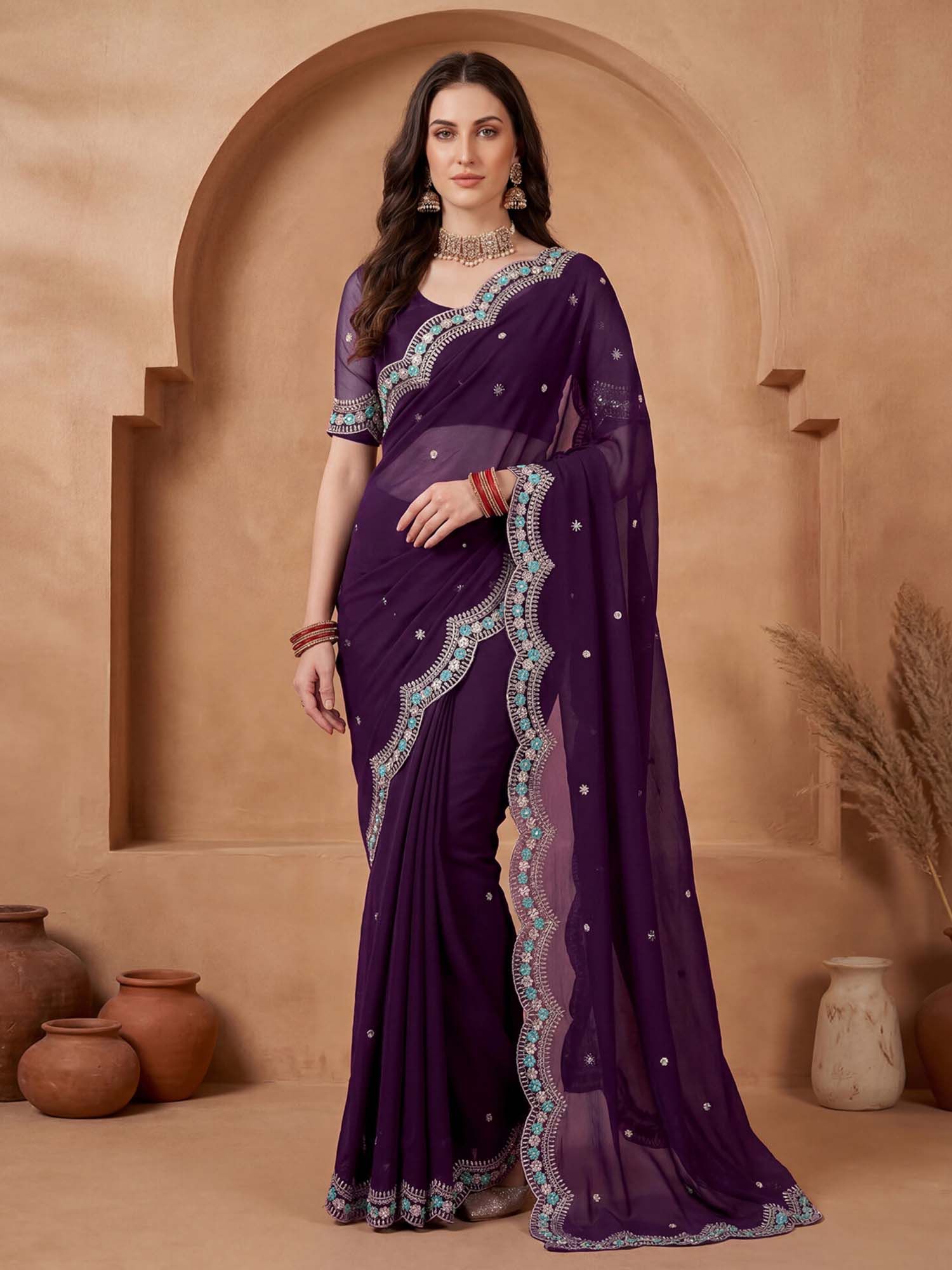 Dark Purple Sequined Embroidered Chiffon Saree with Unstitched Blouse