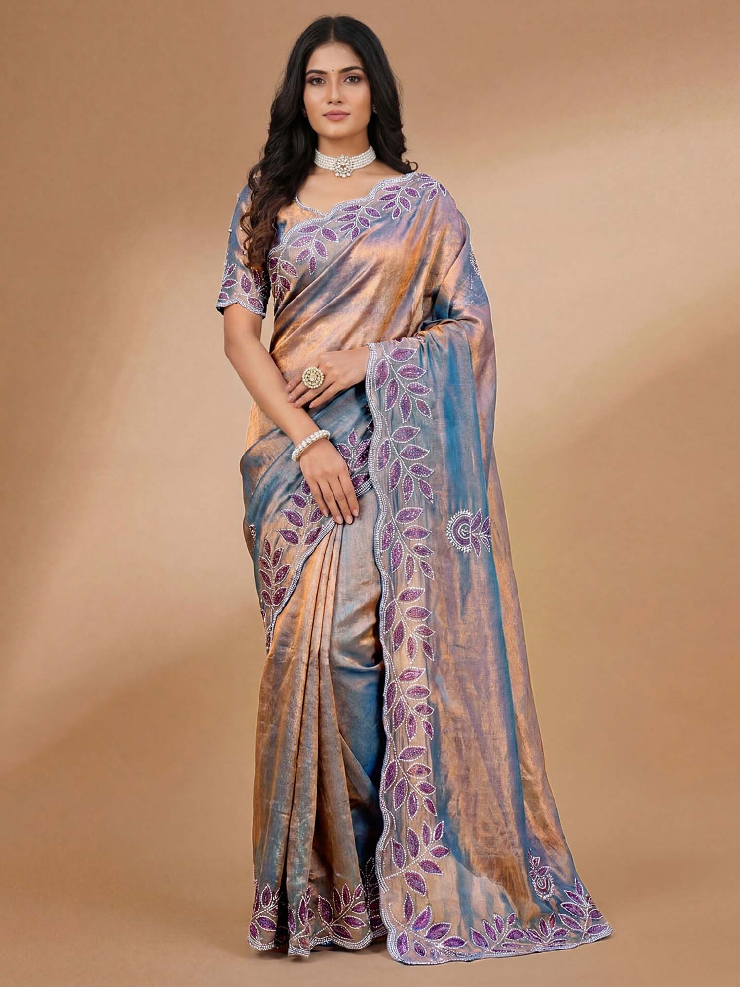 Lavender Embellished Stone Work Chiffon Saree with Unstitched Blouse