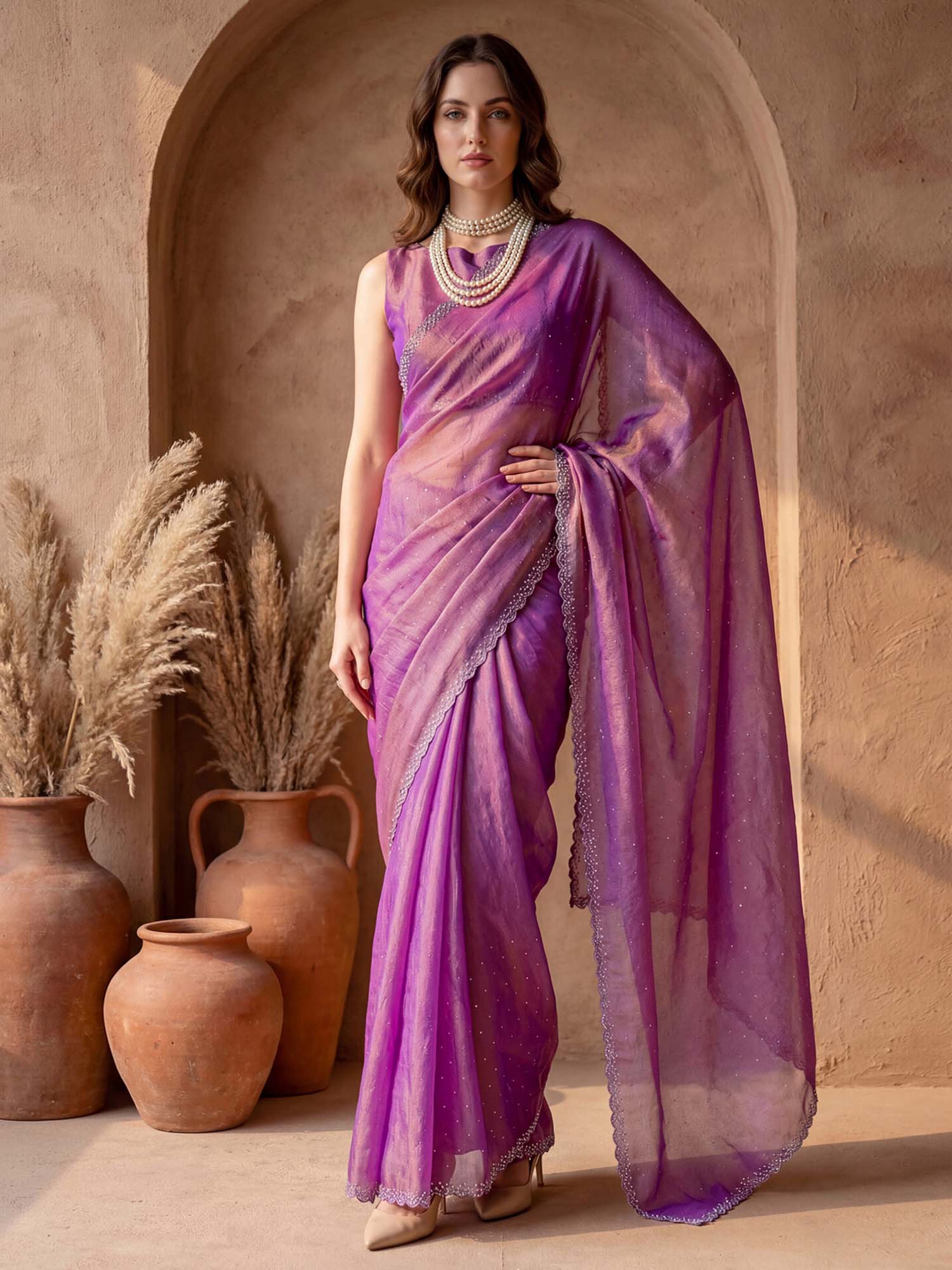 Purple Embellished Stone Work Georgette Saree with Unstitched Blouse