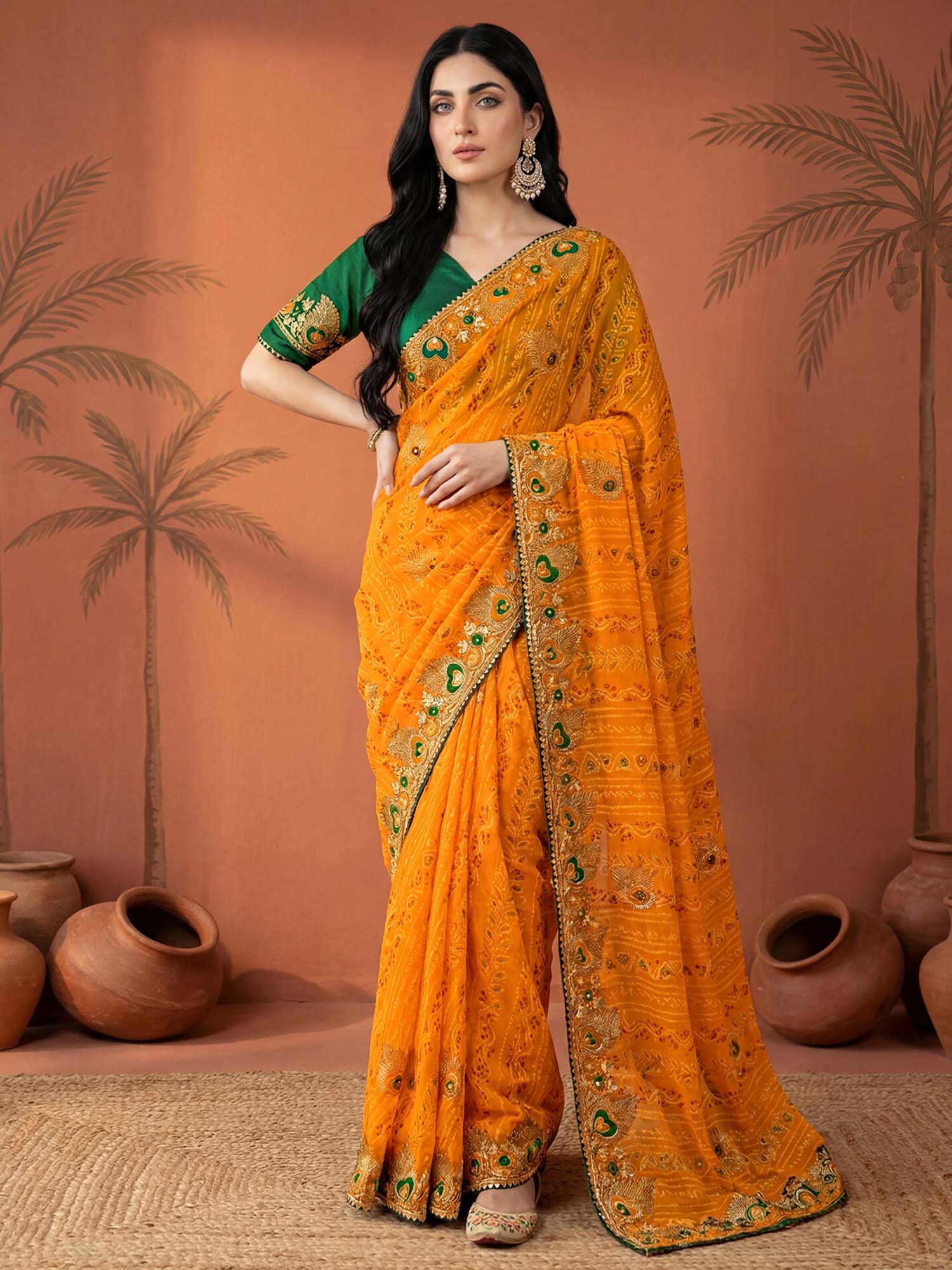 Yellow Bandhani Printed Georgette Saree with Unstitched Blouse