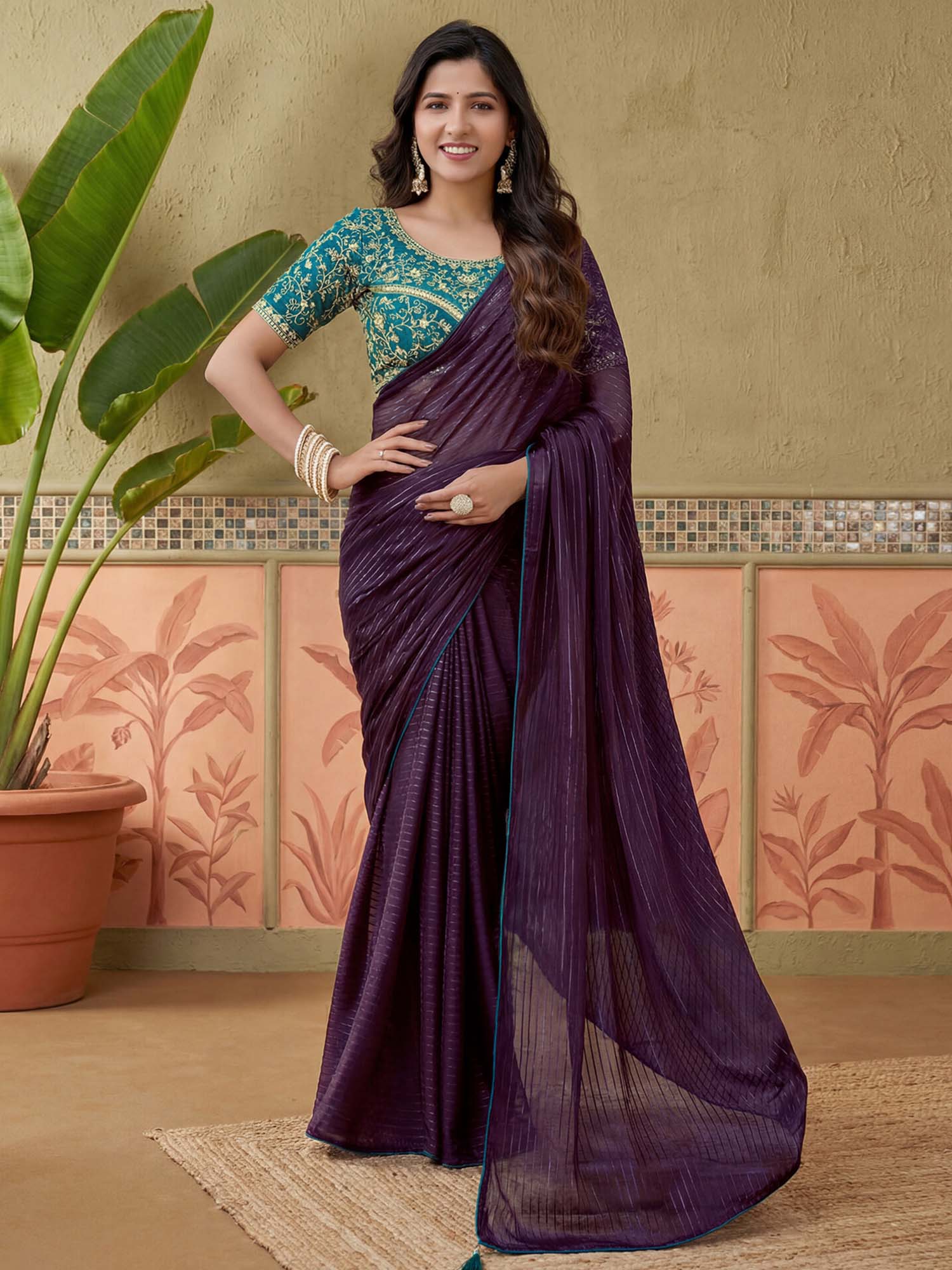 Wine Embroidered Stripes Georgette Saree with Unstitched Blouse