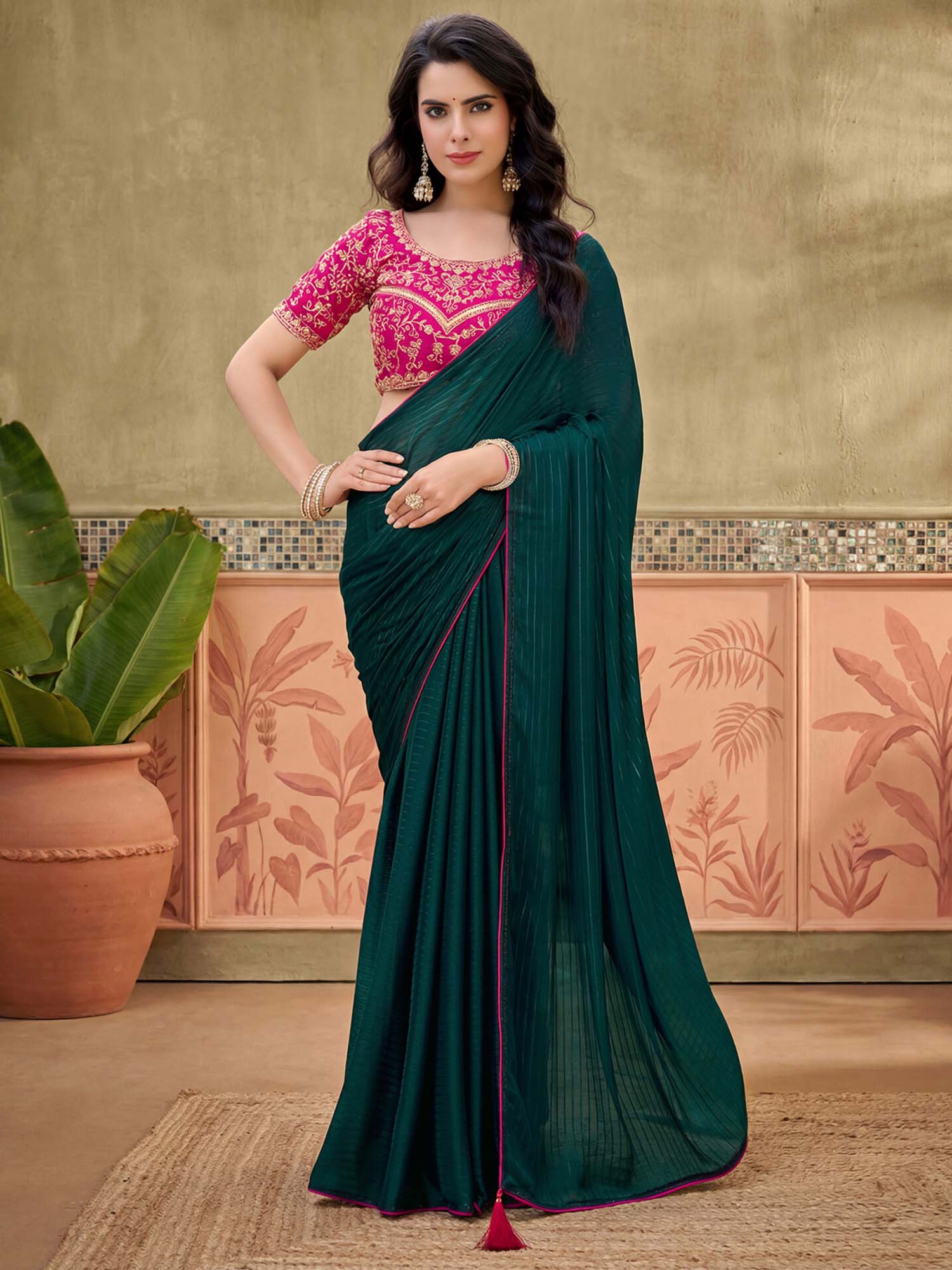 Green Embroidered Stripes Georgette Saree with Unstitched Blouse