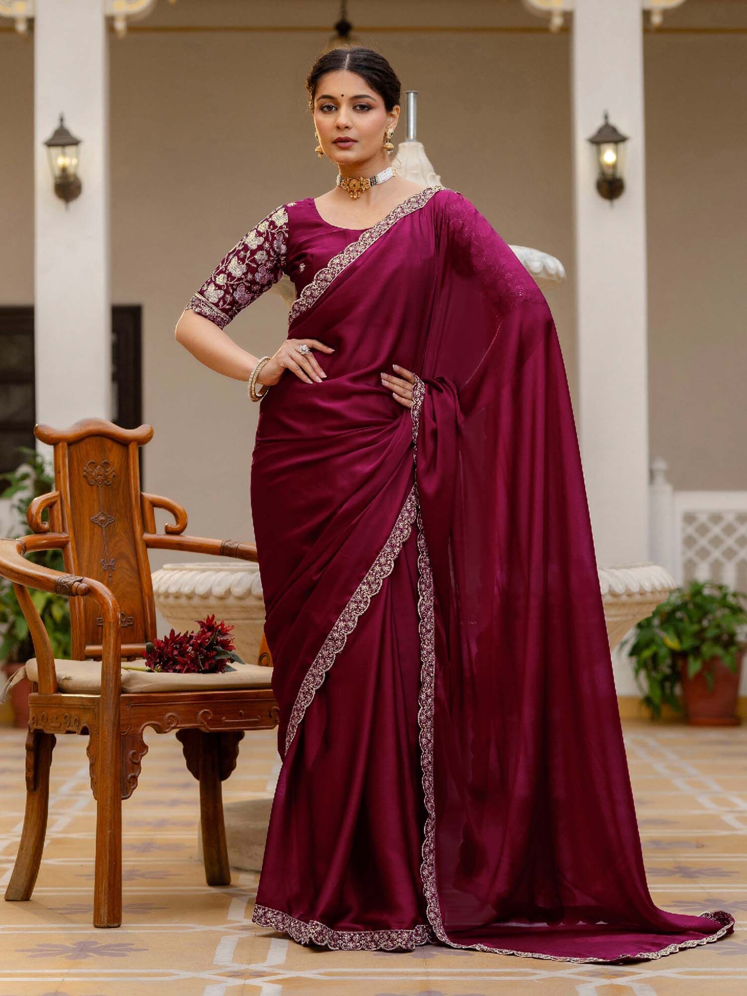 Wine Sequined Embroidered Scalloped Border Silk Saree with Unstitched Blouse
