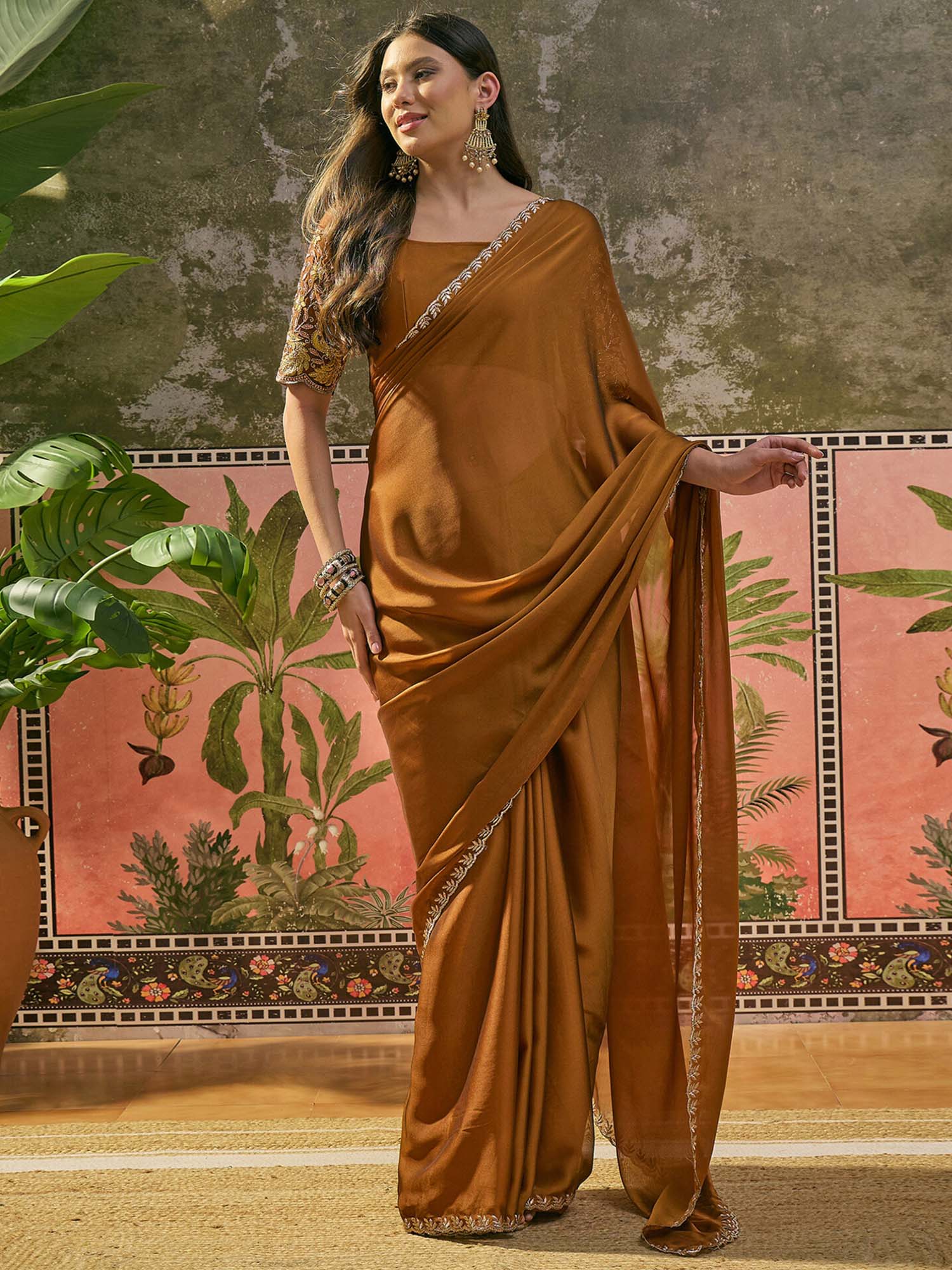 Brown Embroidered Scalloped Border Silk Saree with Unstitched Blouse