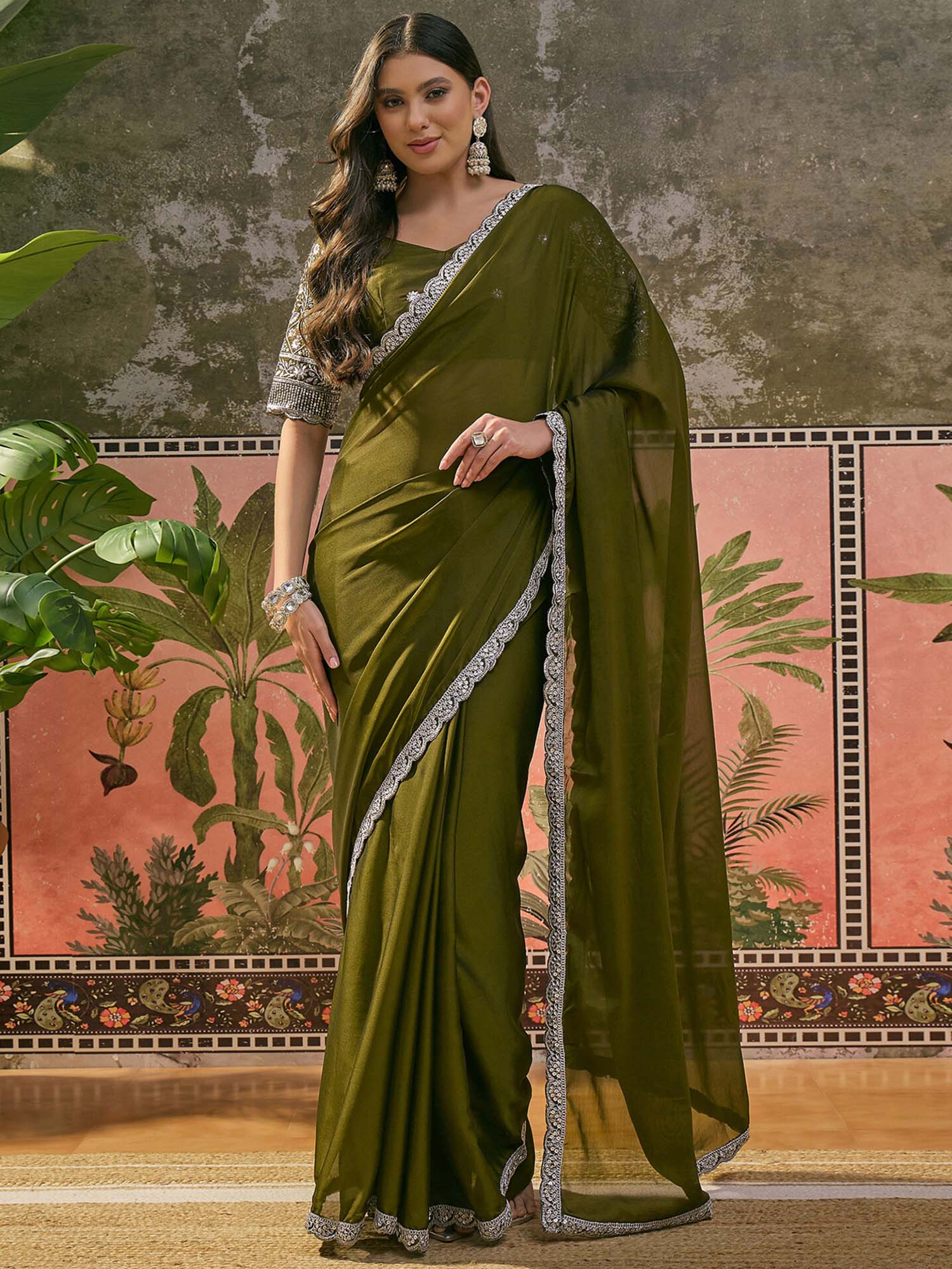 Olive Sequined Embroidered Silk Saree with Unstitched Blouse