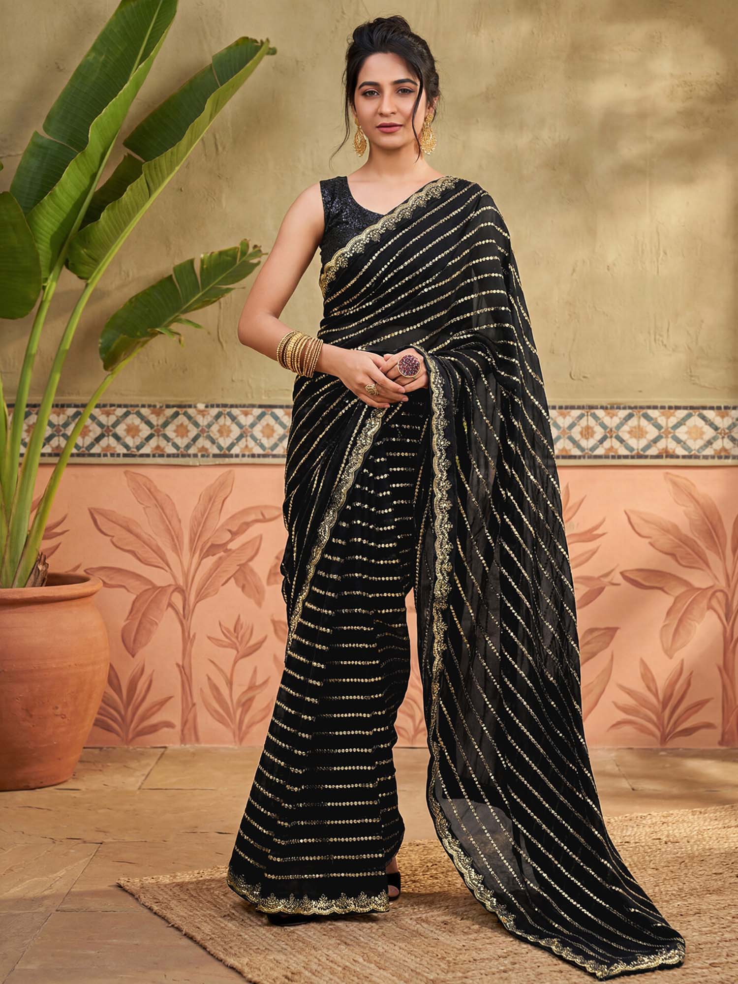Black Embellished Sequined Work Georgette Saree with Unstitched Blouse