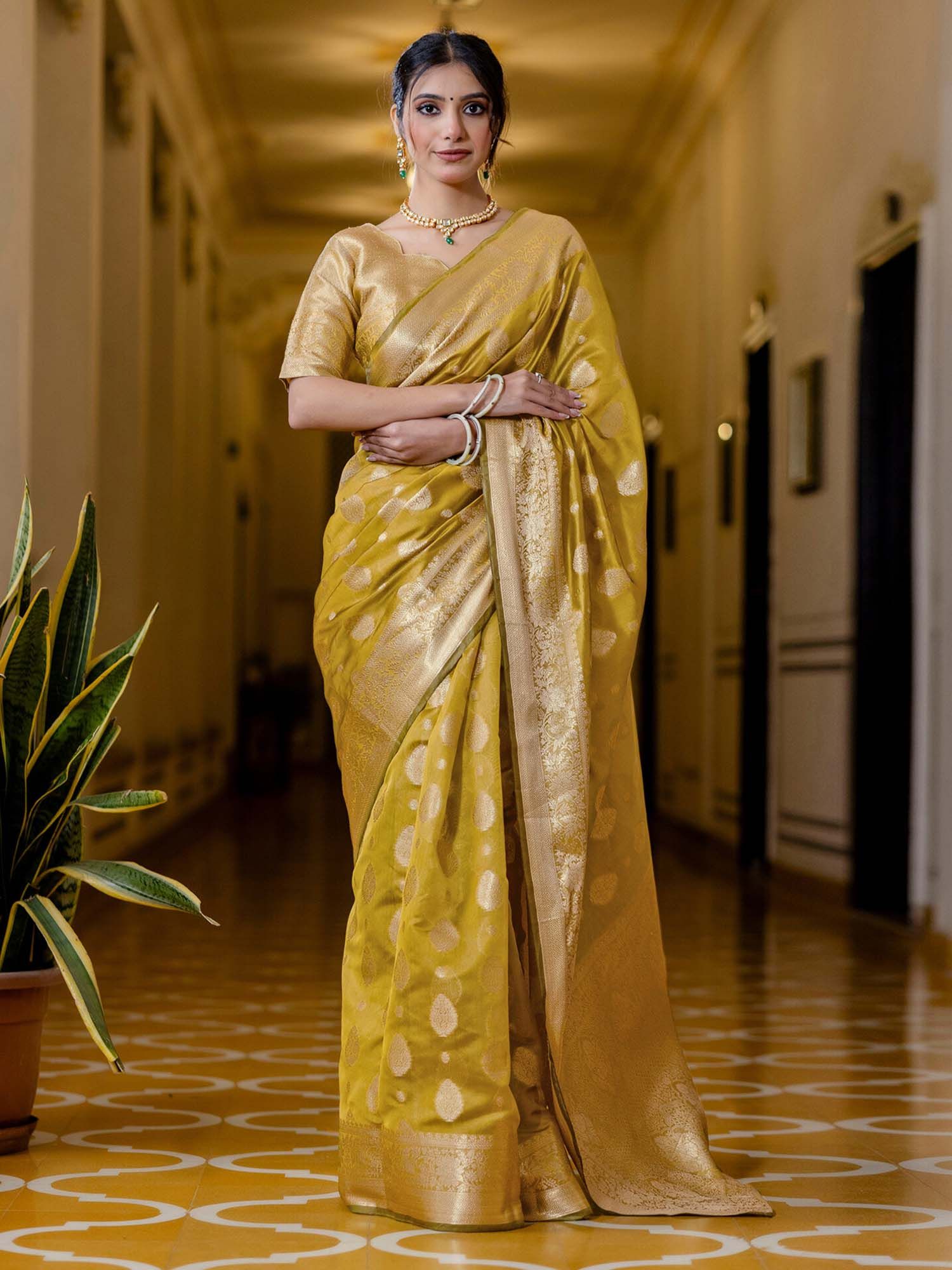 Yellow Zari Woven Weaving Silk Saree with Unstitched Blouse