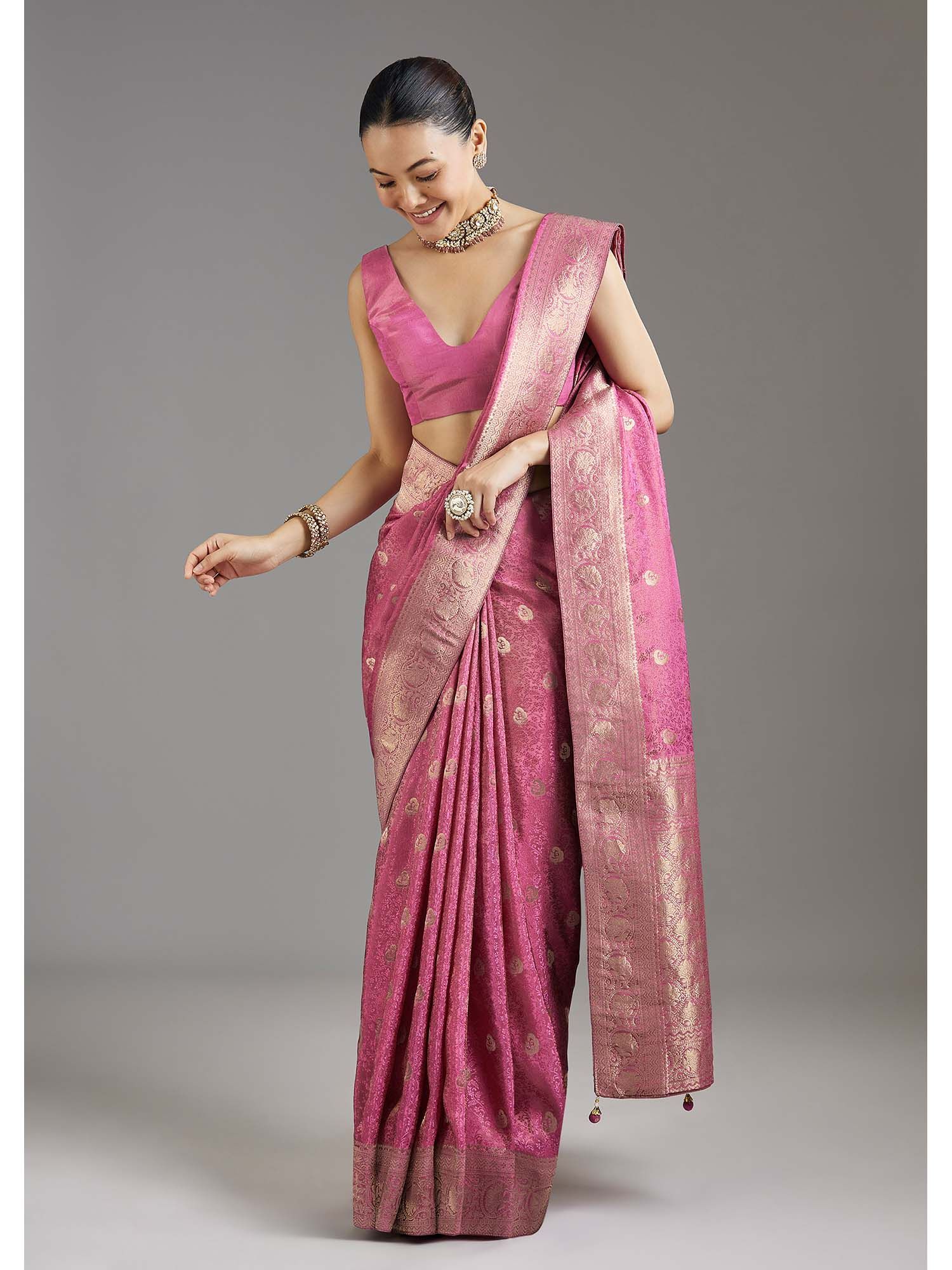 Onion Pink Dola Silk Jacquard Woven Saree with Unstitched Blouse