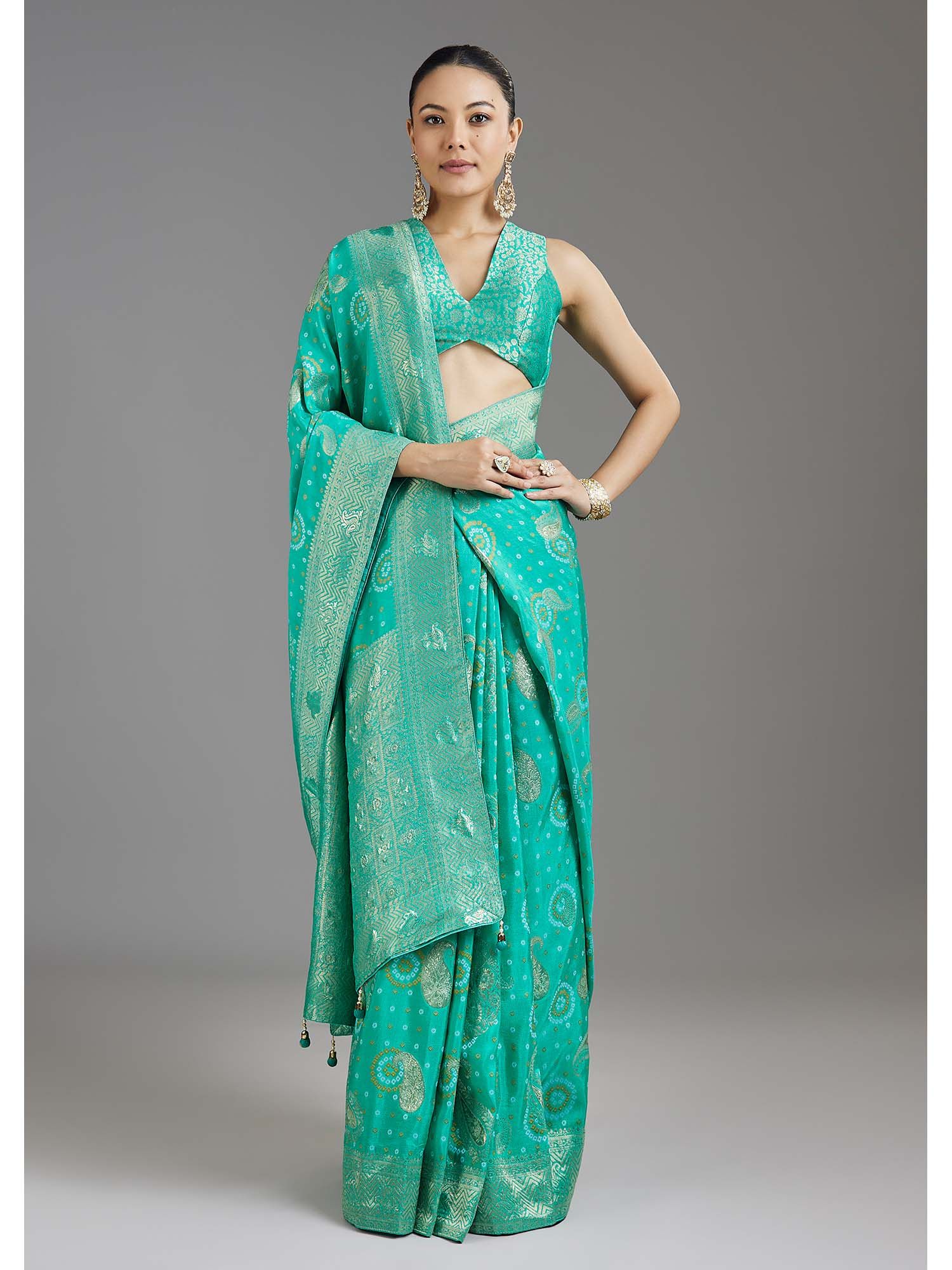 Turquoise Woven Dola Silk Saree with Unstitched Blouse