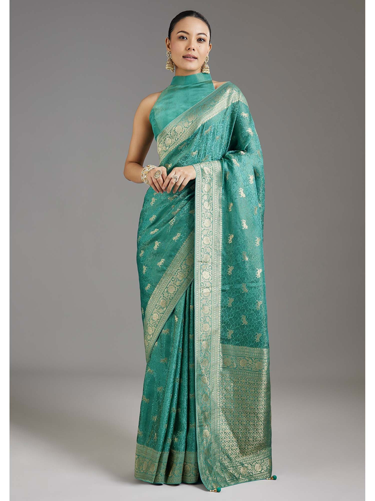 Mint Green Jacquard Dola Silk Saree with Unstitched Blouse
