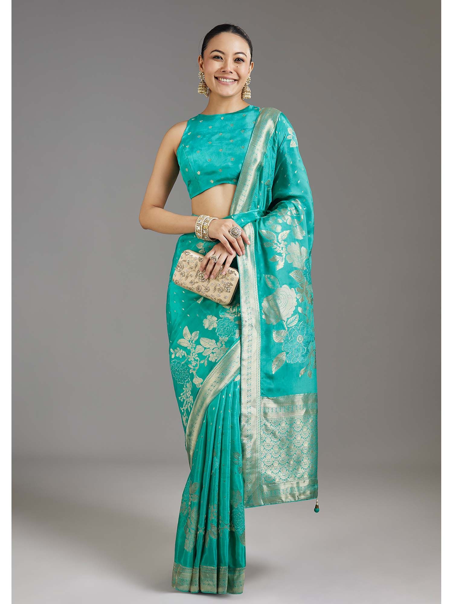 Turquoise Floral Woven Dola Silk Saree with Unstitched Blouse
