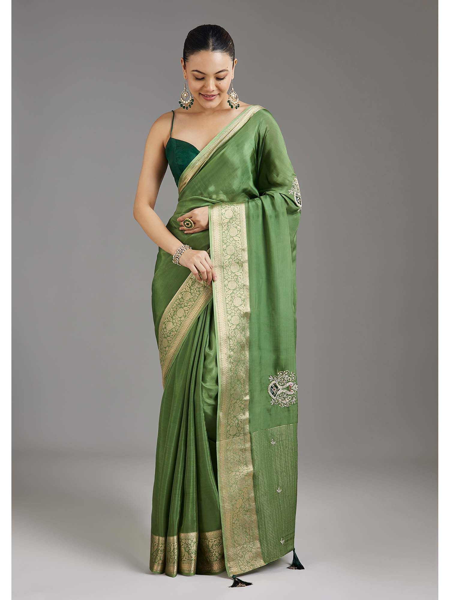 Grass Green Woven Embroidered Crepe Saree with Unstitched Blouse