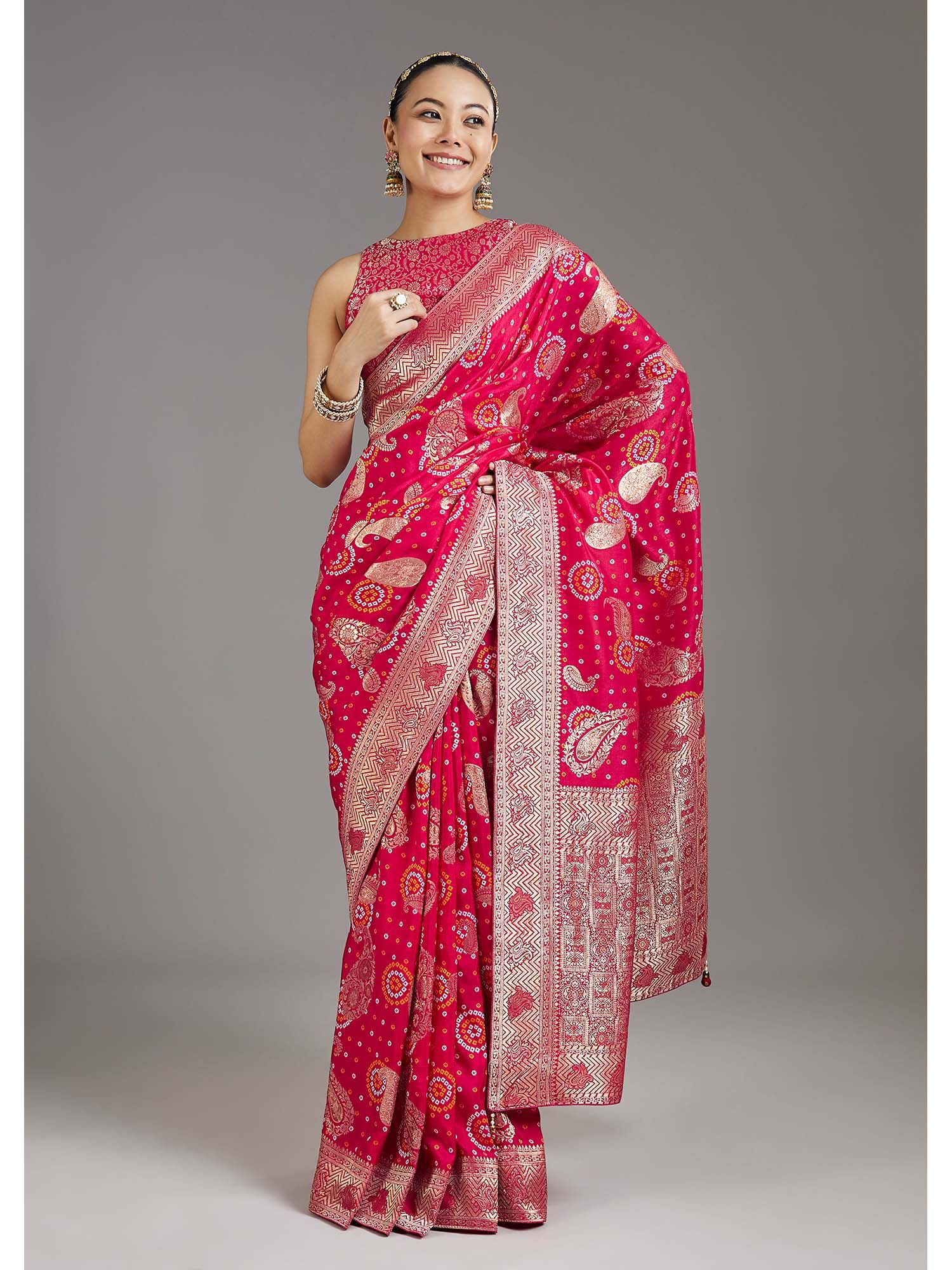 Rani Pink Bandhani Woven Dola Silk Saree with Unstitched Blouse