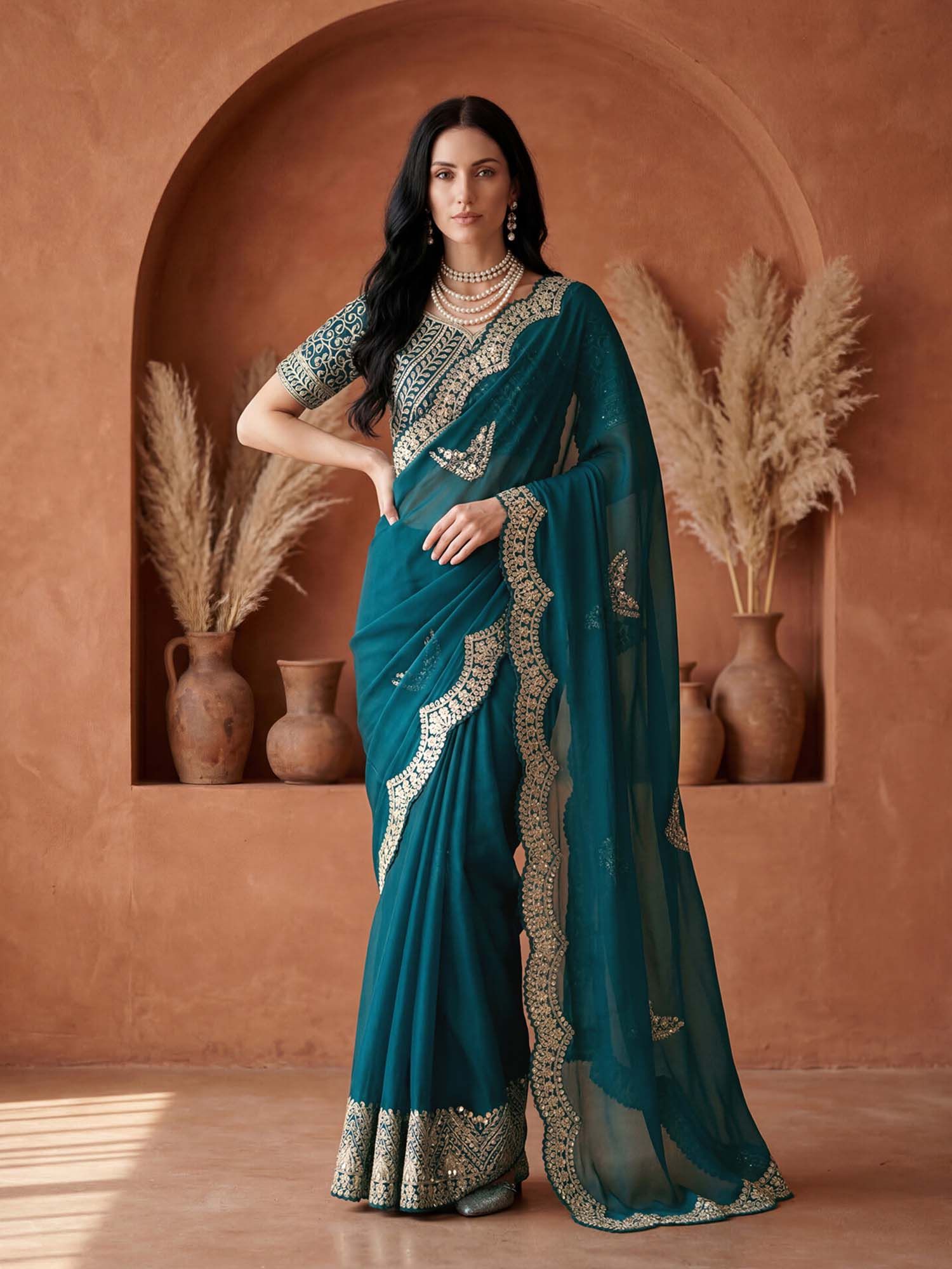 Teal Embroidered Sequined Work Tissue Silk Saree with Unstitched Blouse