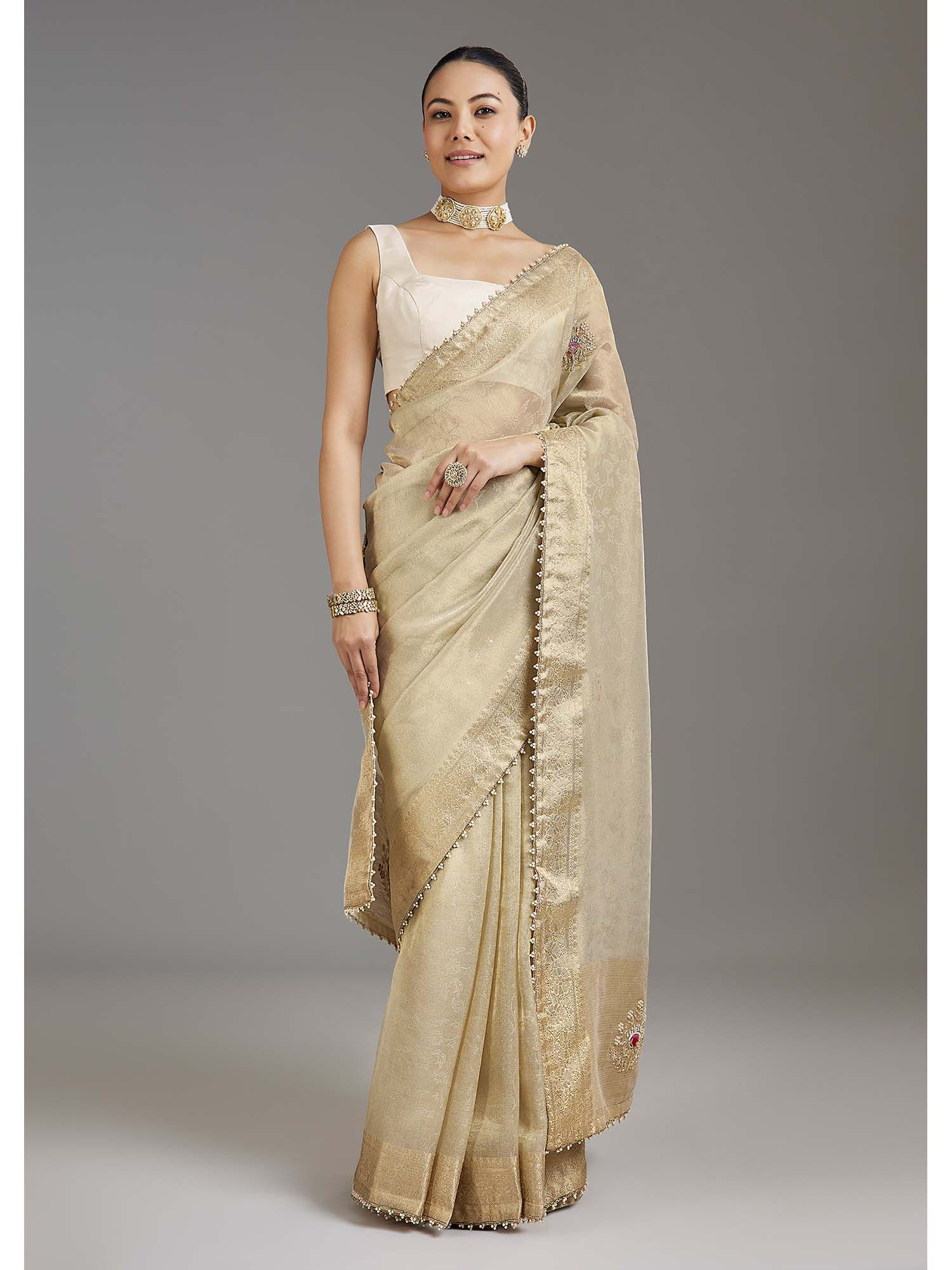 Ivory Embroidered Woven Tissue Saree with Unstitched Blouse
