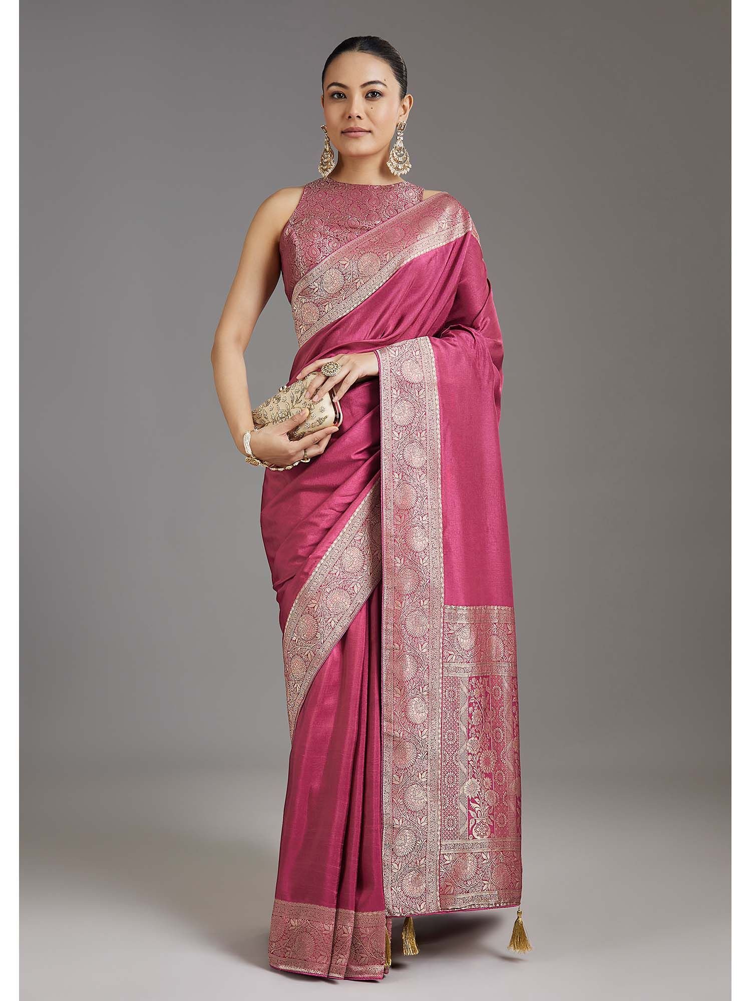 Onion Pink Woven Dola Silk Saree with Unstitched Blouse