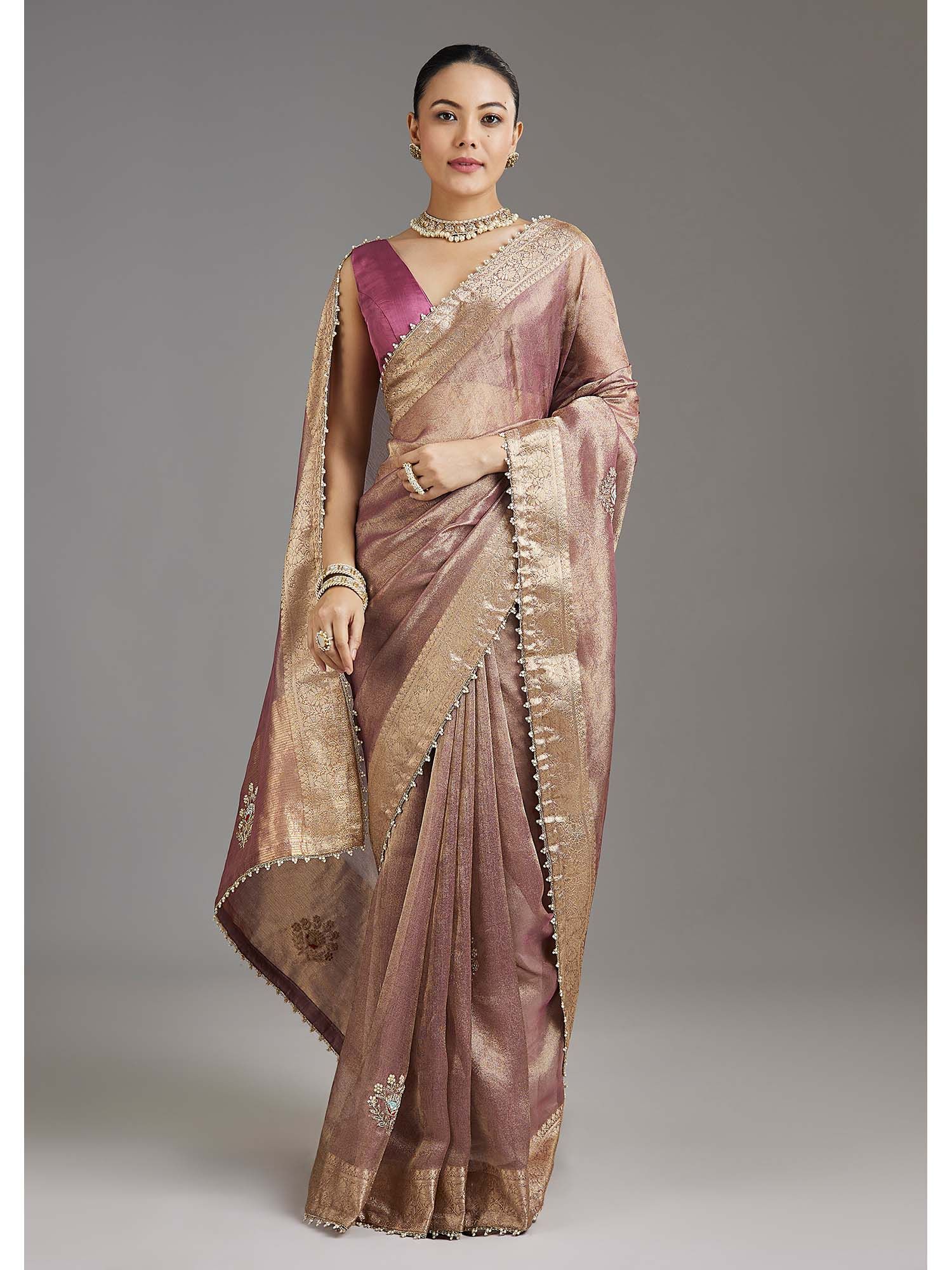 Onion Pink Embroidered Beads Work Tissue Saree with Unstitched Blouse