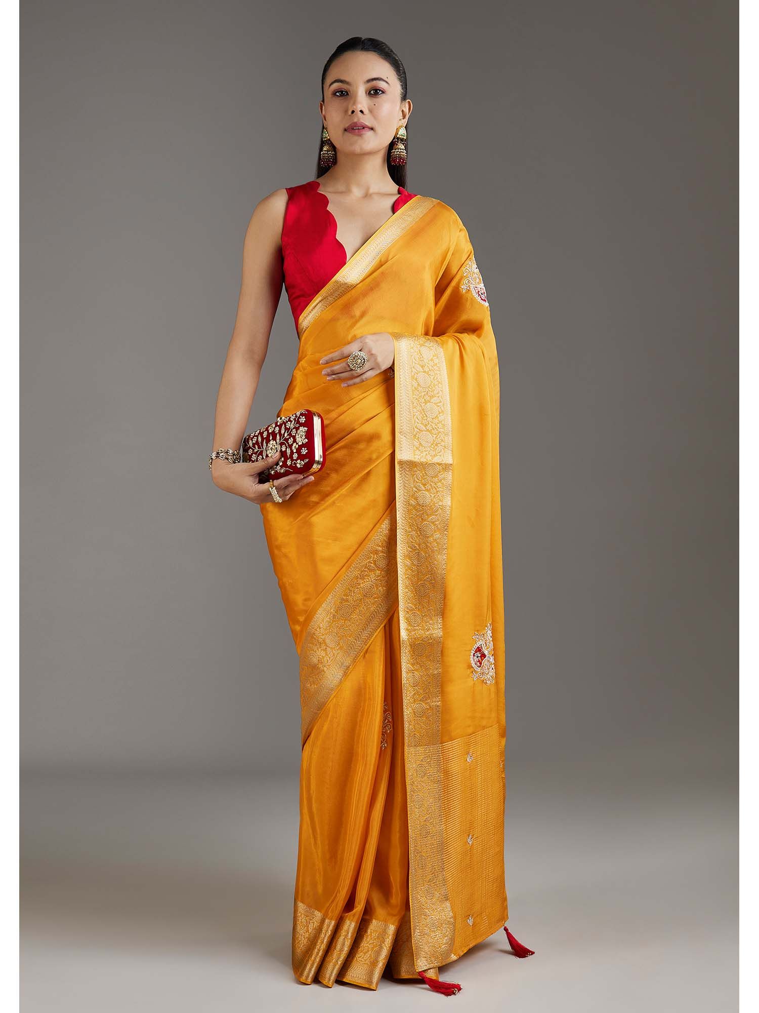 Yellow Woven Embroidered Crepe Saree with Unstitched Blouse