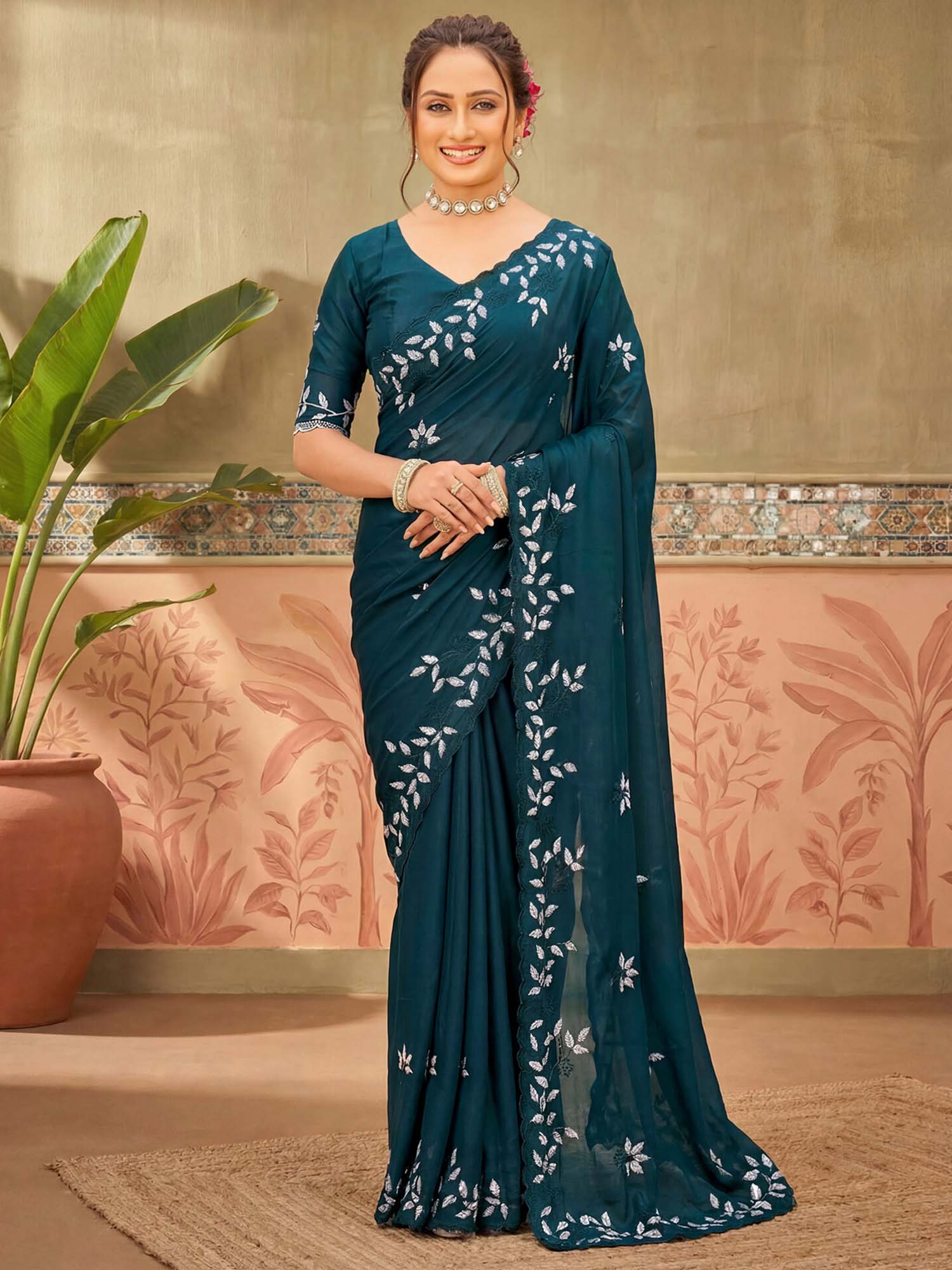 Teal Embroidered Scalloped Border Georgette Saree with Unstitched Blouse