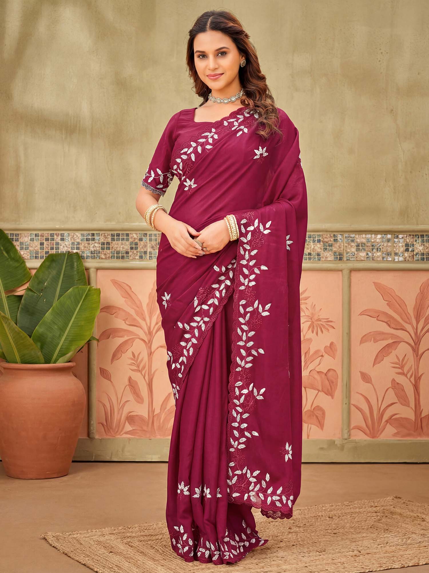 Purple Embroidered Scalloped Border Georgette Saree with Unstitched Blouse