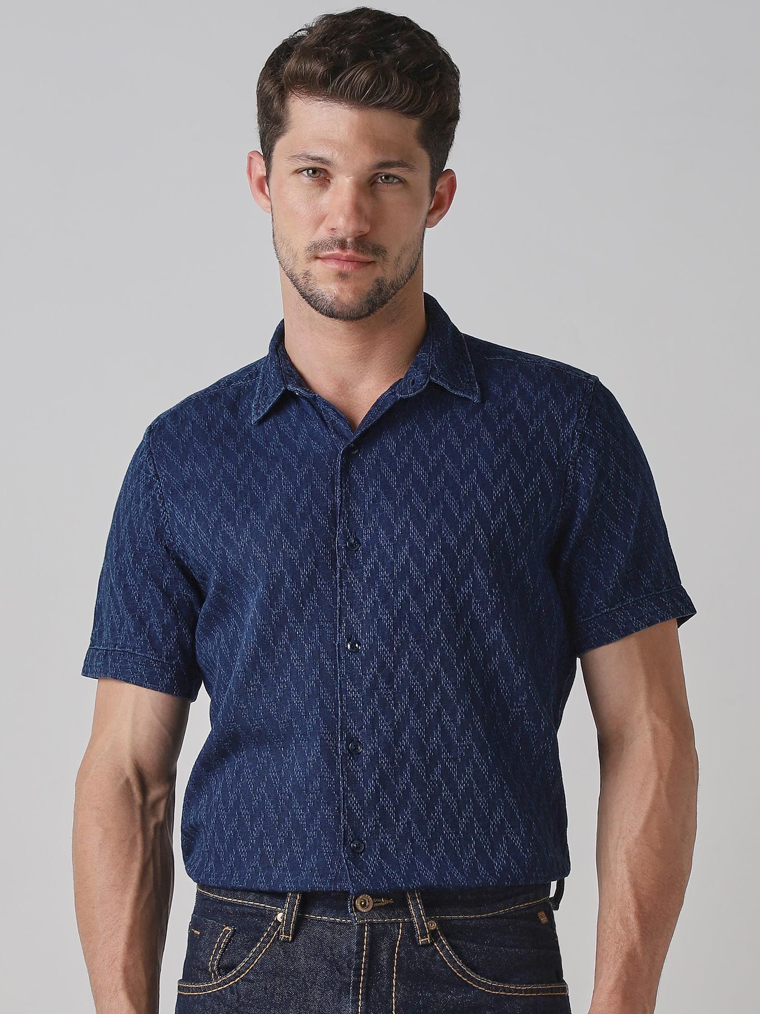 Dark Indigo Blue Self Design Men Shirt