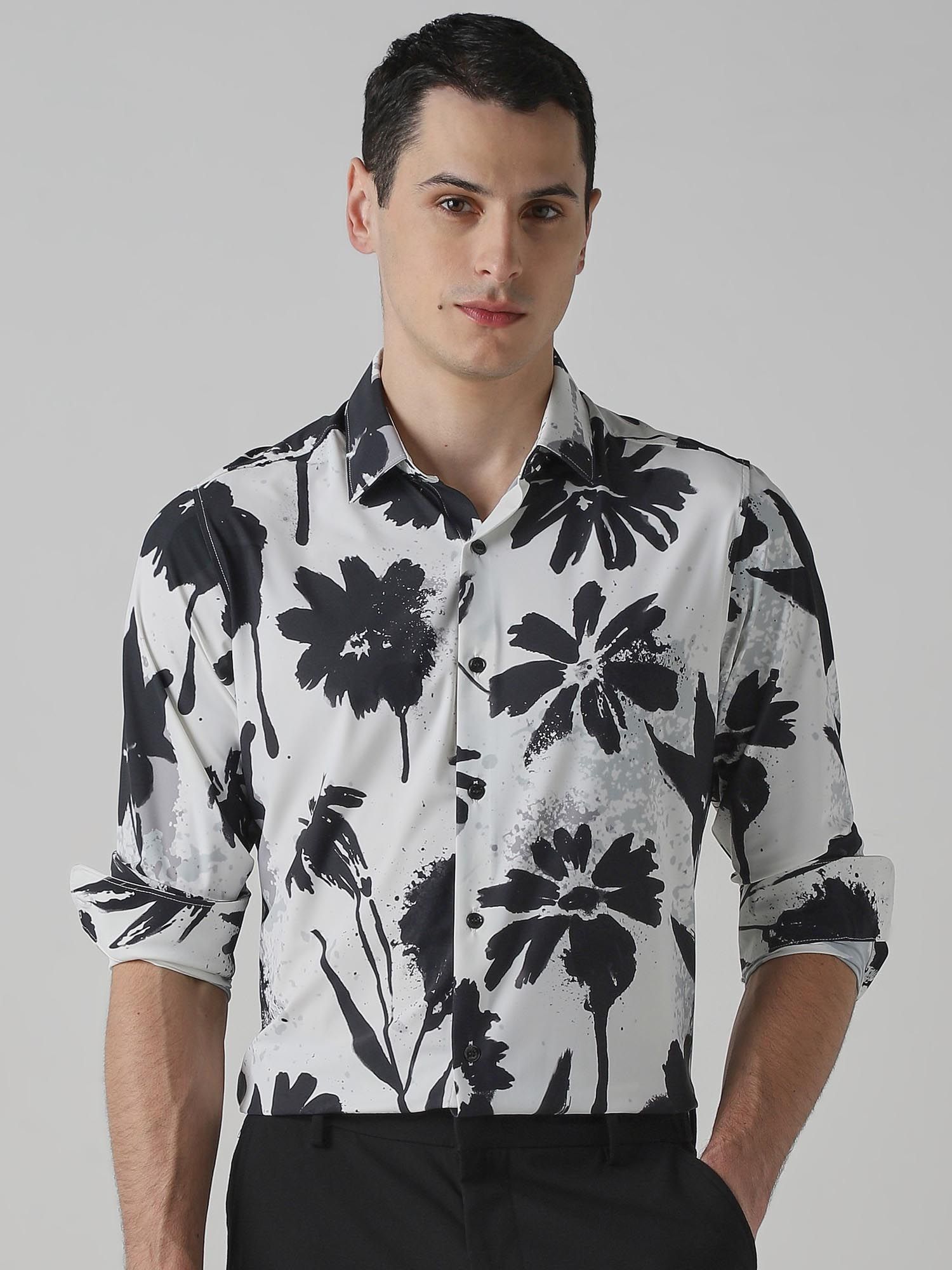 Black and White Floral Men Shirt