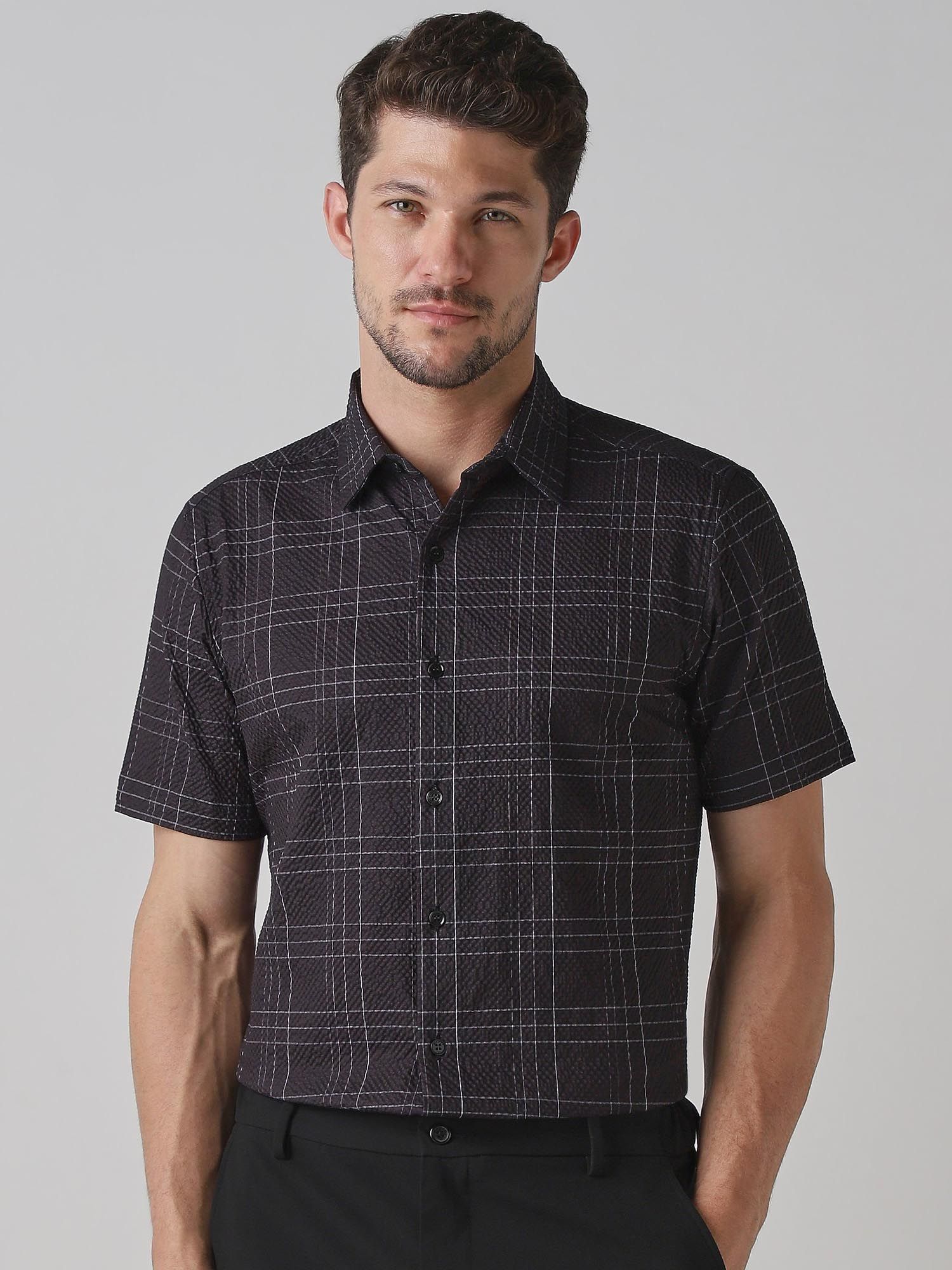 Dark Charcoal Black Checks Men Shirt