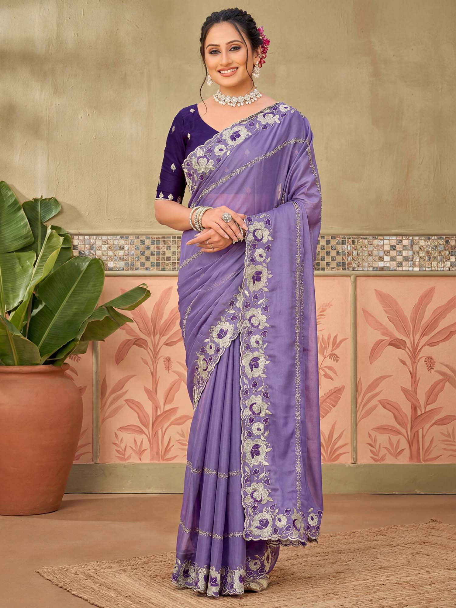 Lavender Floral Embroidered Scalloped Border Georgette Saree with Unstitched Blouse