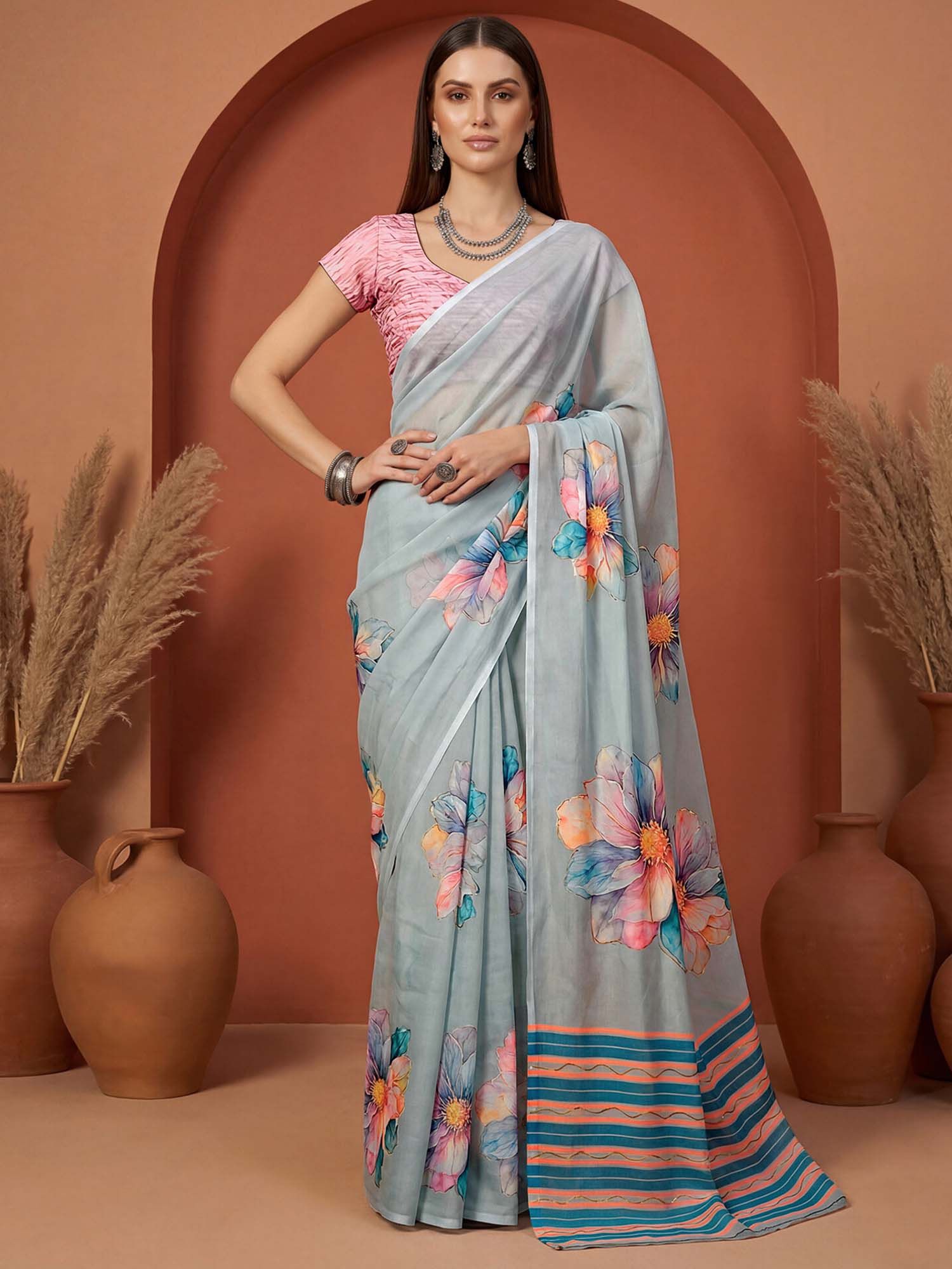 Grey Floral Printed Georgette Saree with Unstitched Blouse