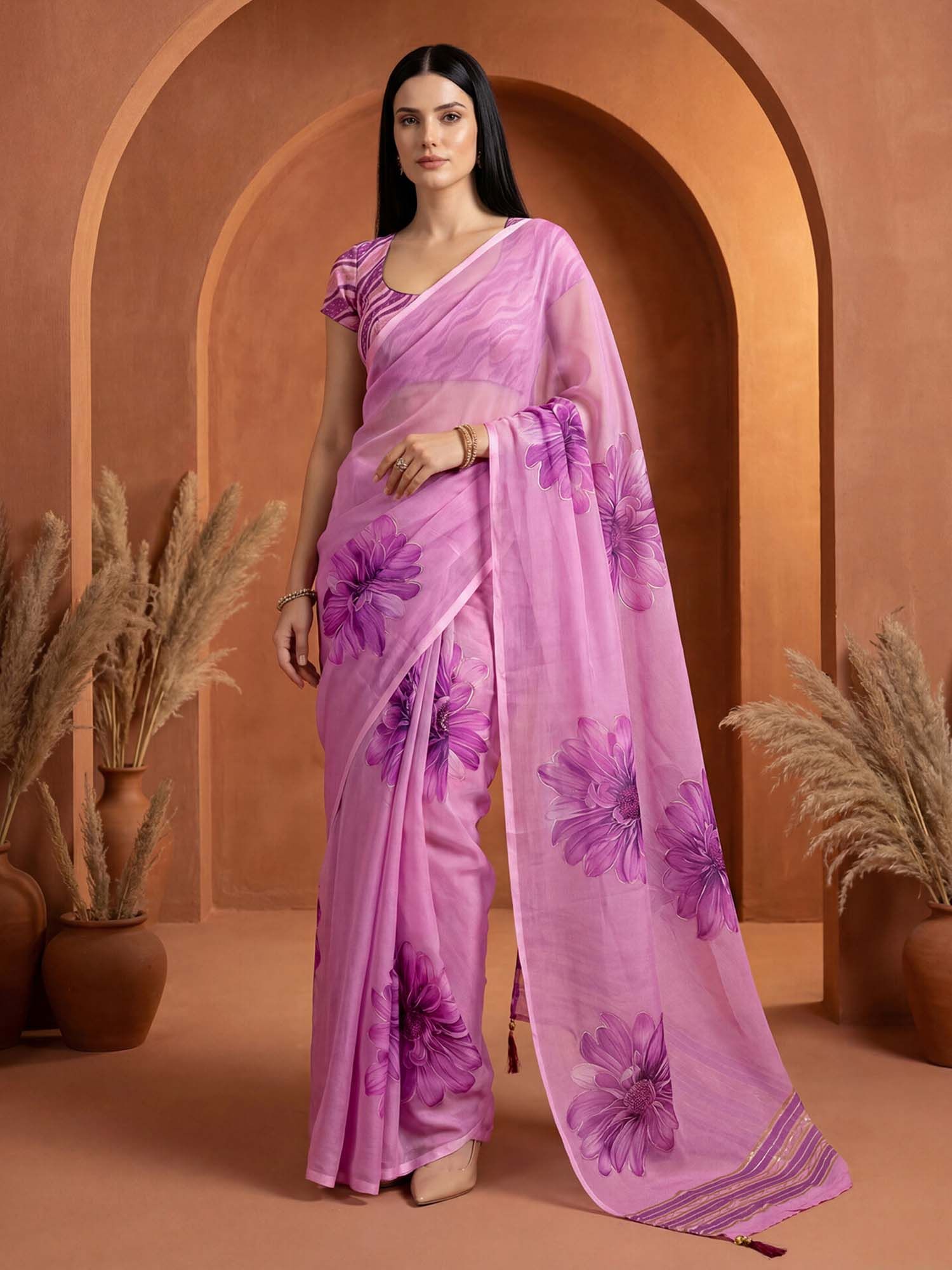 Pink Floral Printed Georgette Saree with Unstitched Blouse