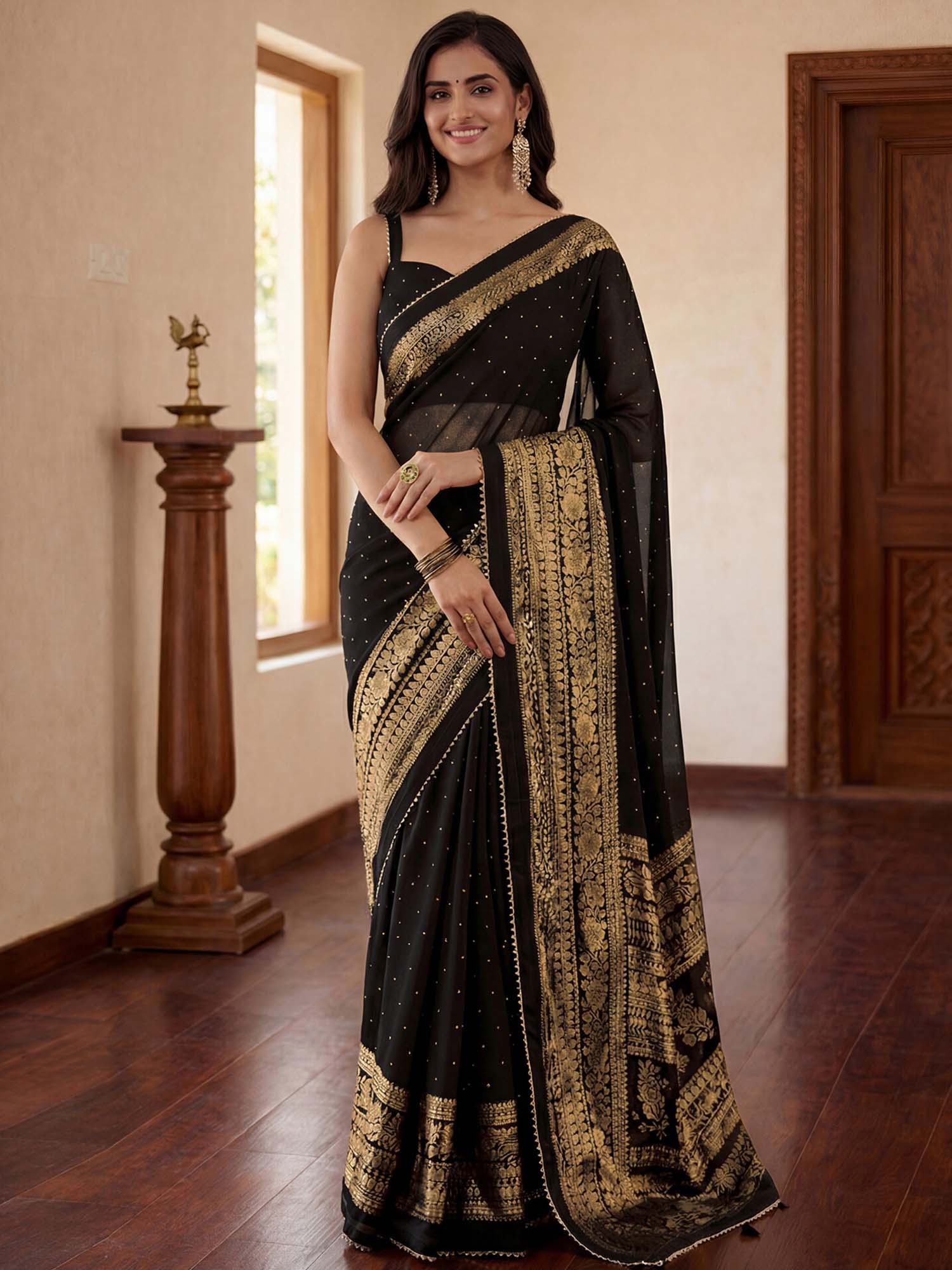 Black Floral Foil Printed Georgette Saree with Unstitched Blouse