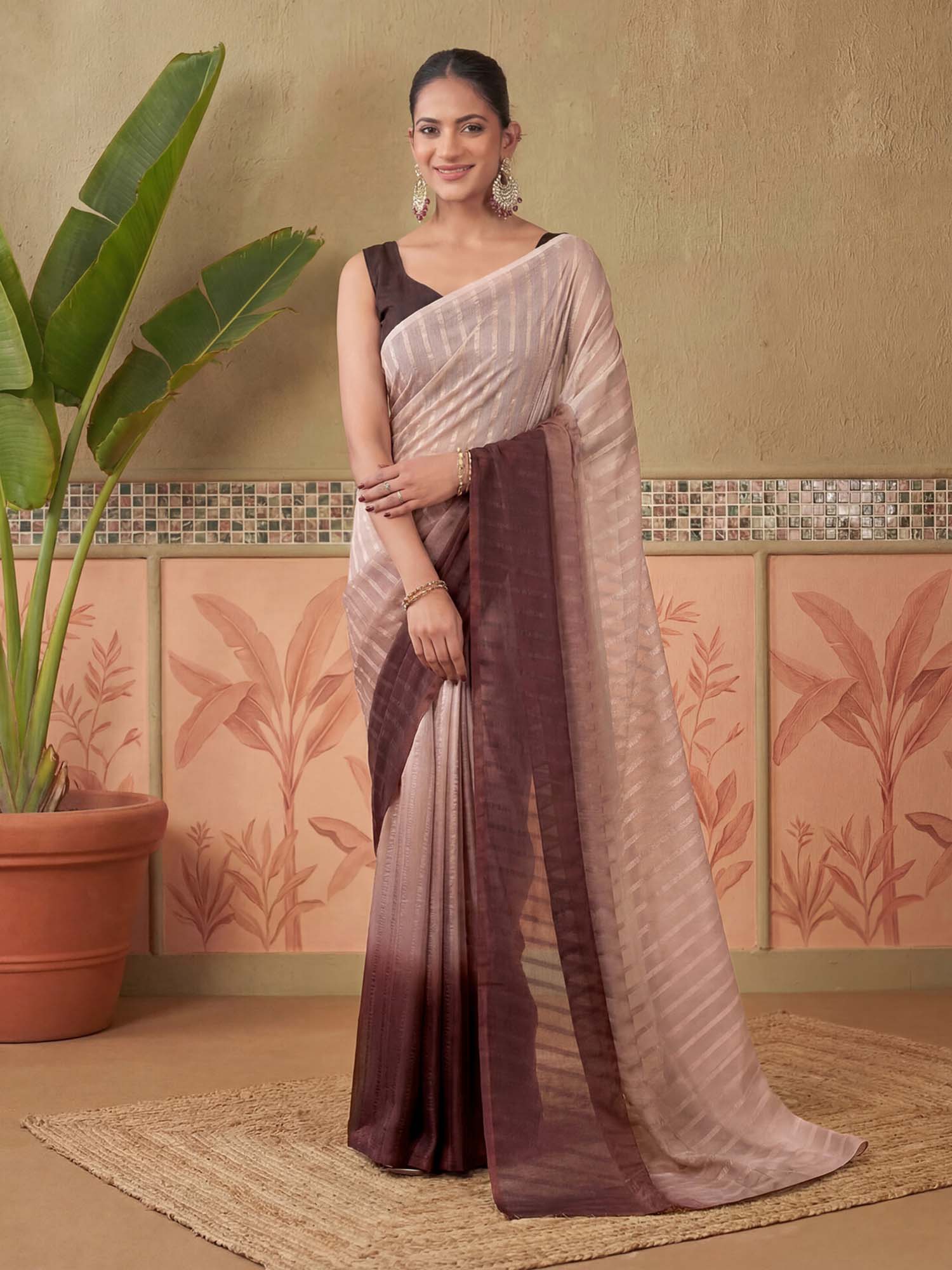 Brown Ombre Printed Chiffon Saree with Unstitched Blouse