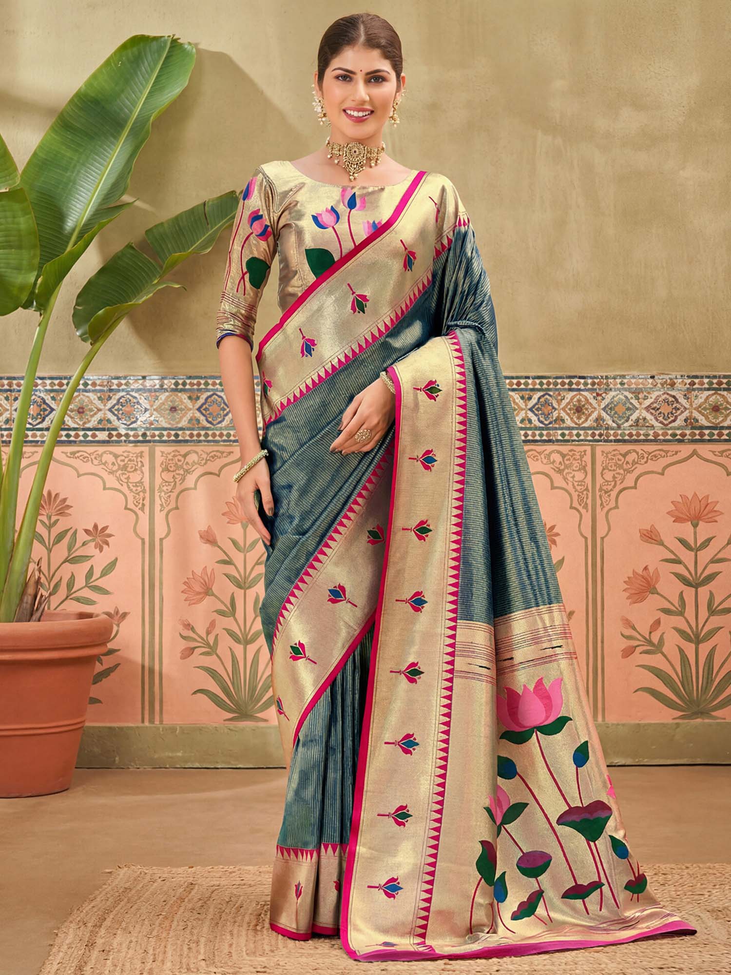 Light Rama Green Floral Woven Paithani Silk Saree with Unstitched Blouse
