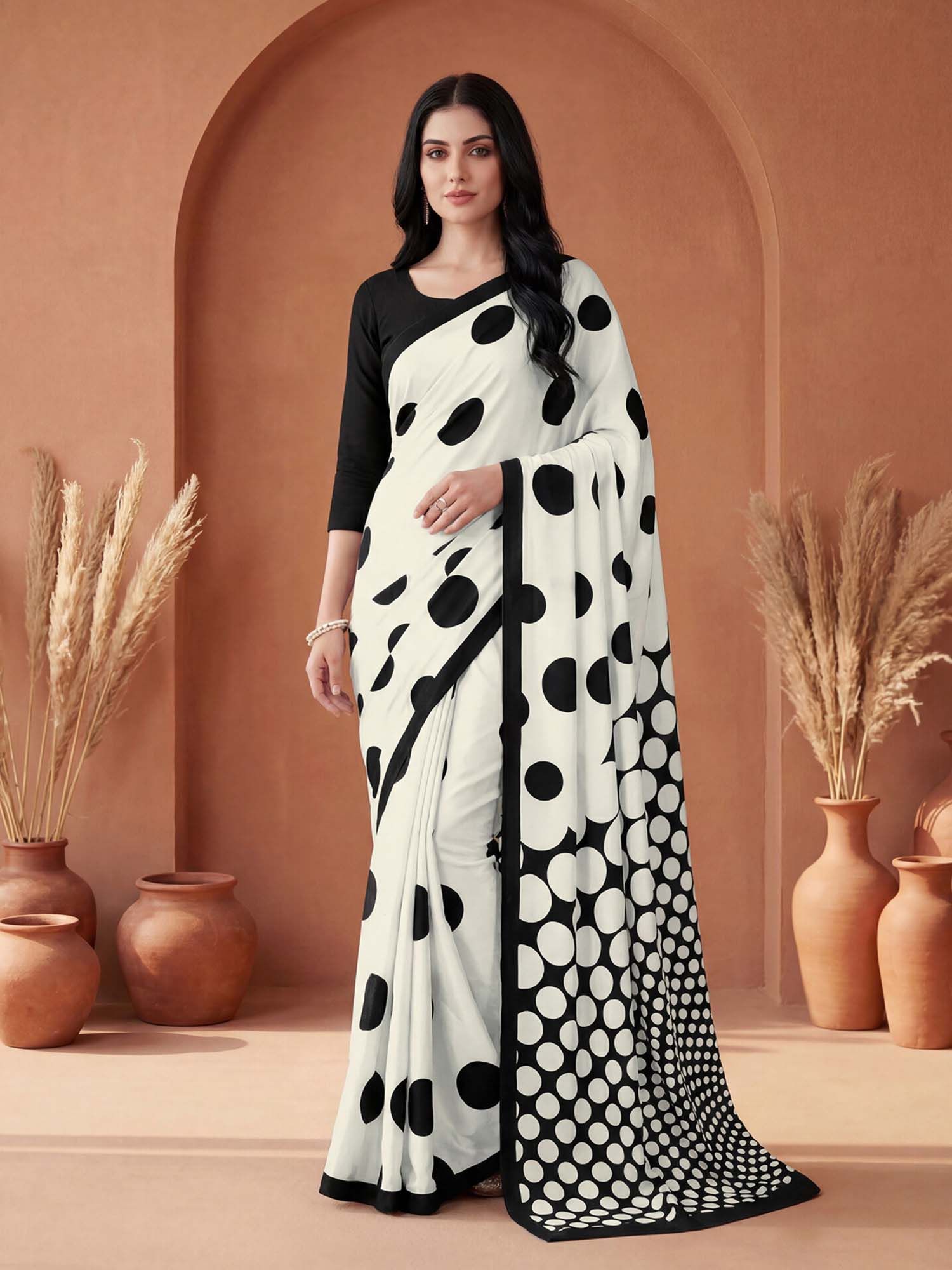 White Polka Dot Printed Silk Crepe Saree with Unstitched Blouse