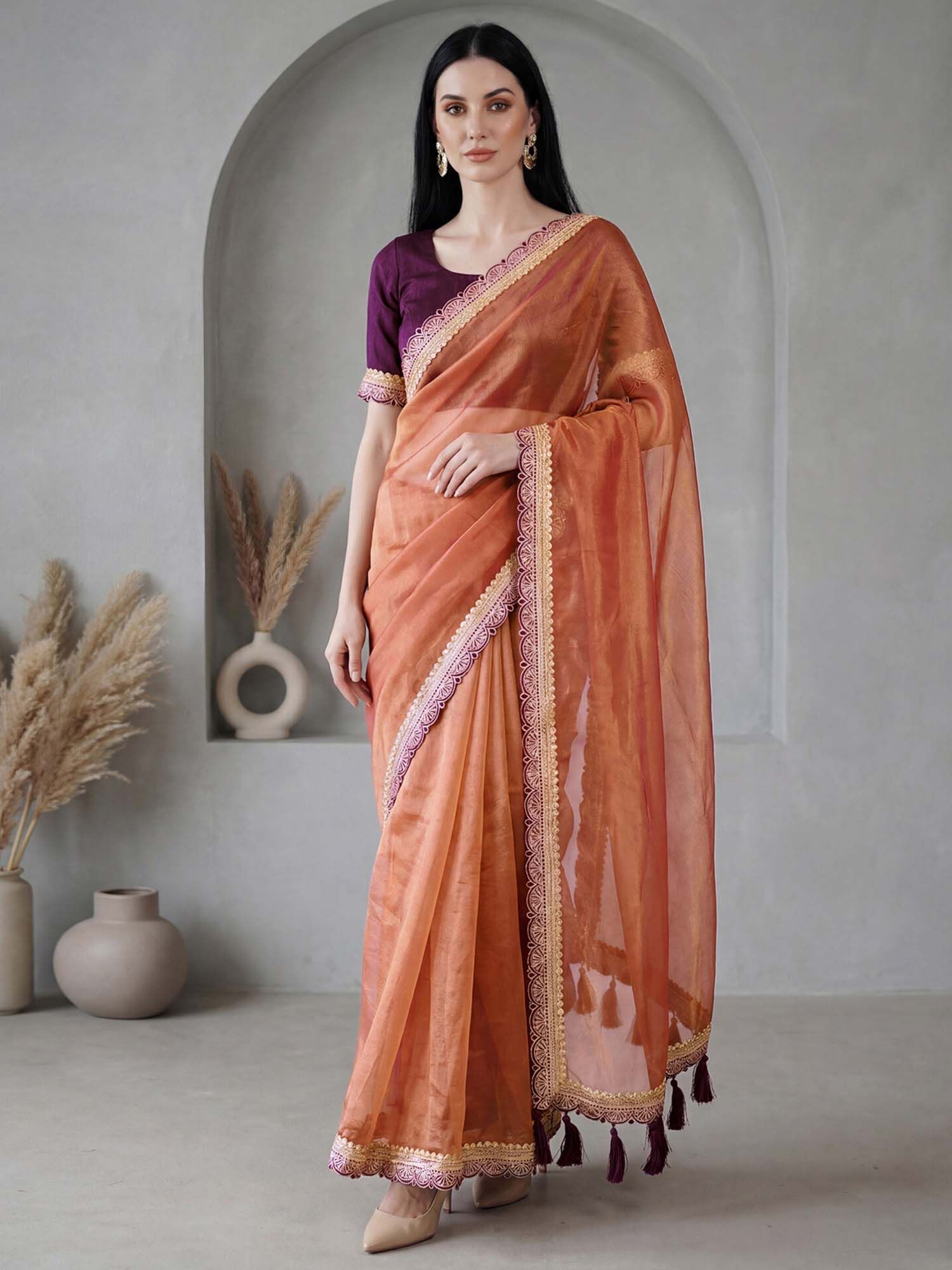 Orange Embroidered Lace Border Chiffon Saree with Unstitched Blouse