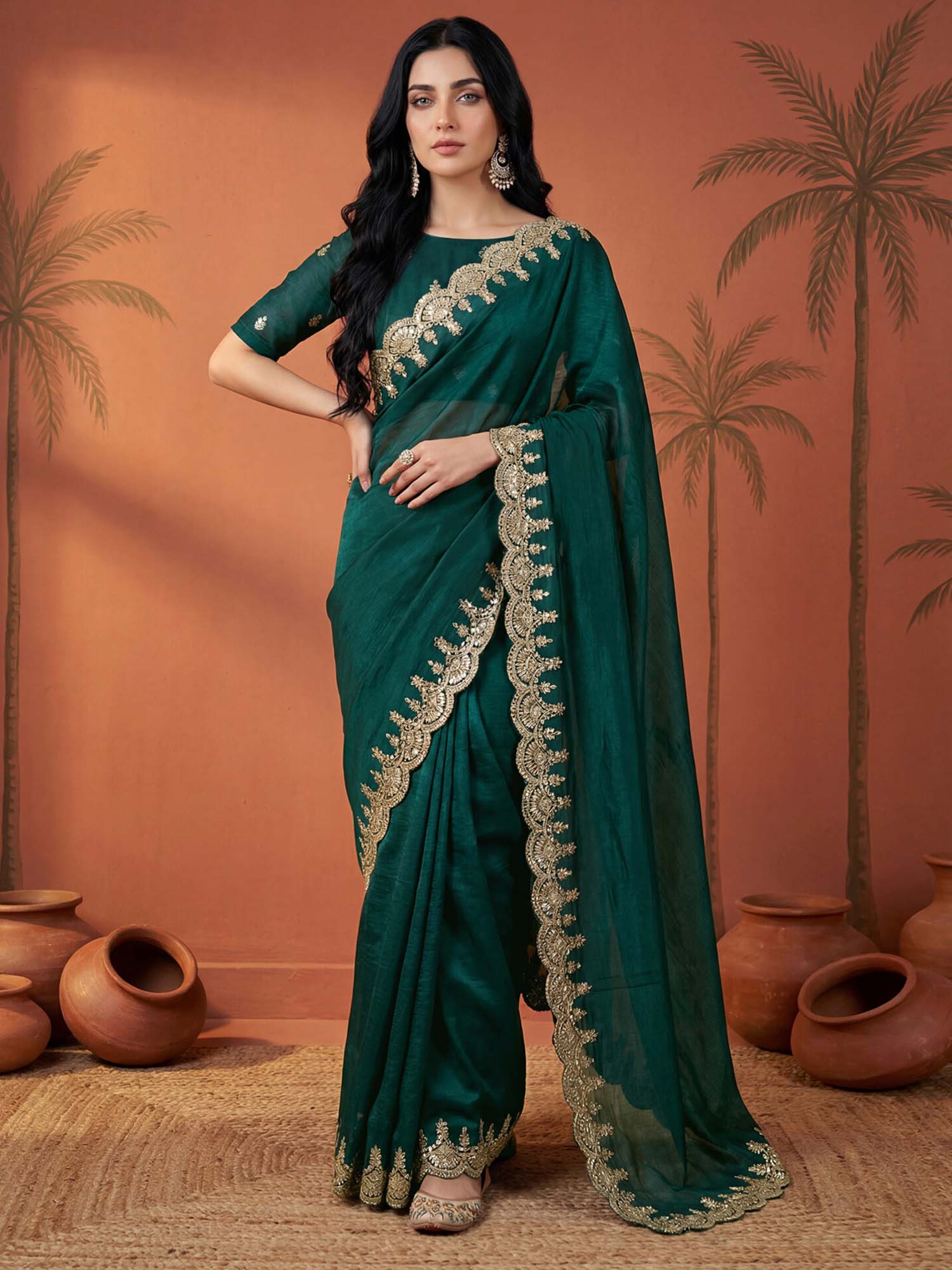 Green Sequined Embroidered Border Chiffon Saree with Unstitched Blouse